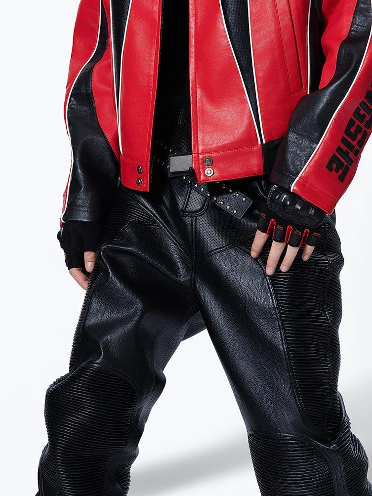 MOGONGSHE Color Block Stand Collar Cropped Pu Women's Leather Jackets