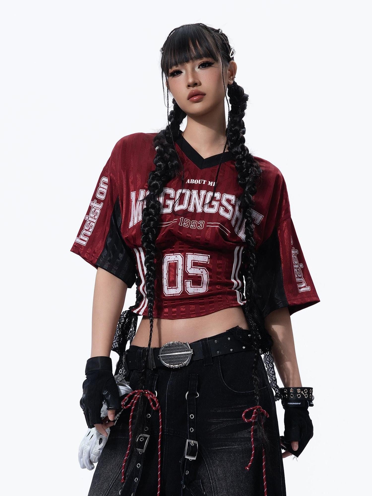 MOGONGSHE Colorblock Contrast V-neck Short Sleeve Athletic Women's Jersey Crop Tops