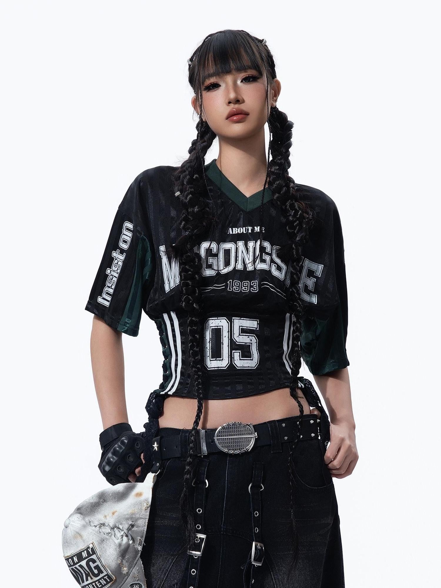 MOGONGSHE Colorblock Contrast V-neck Short Sleeve Athletic Women's Jersey Crop Tops