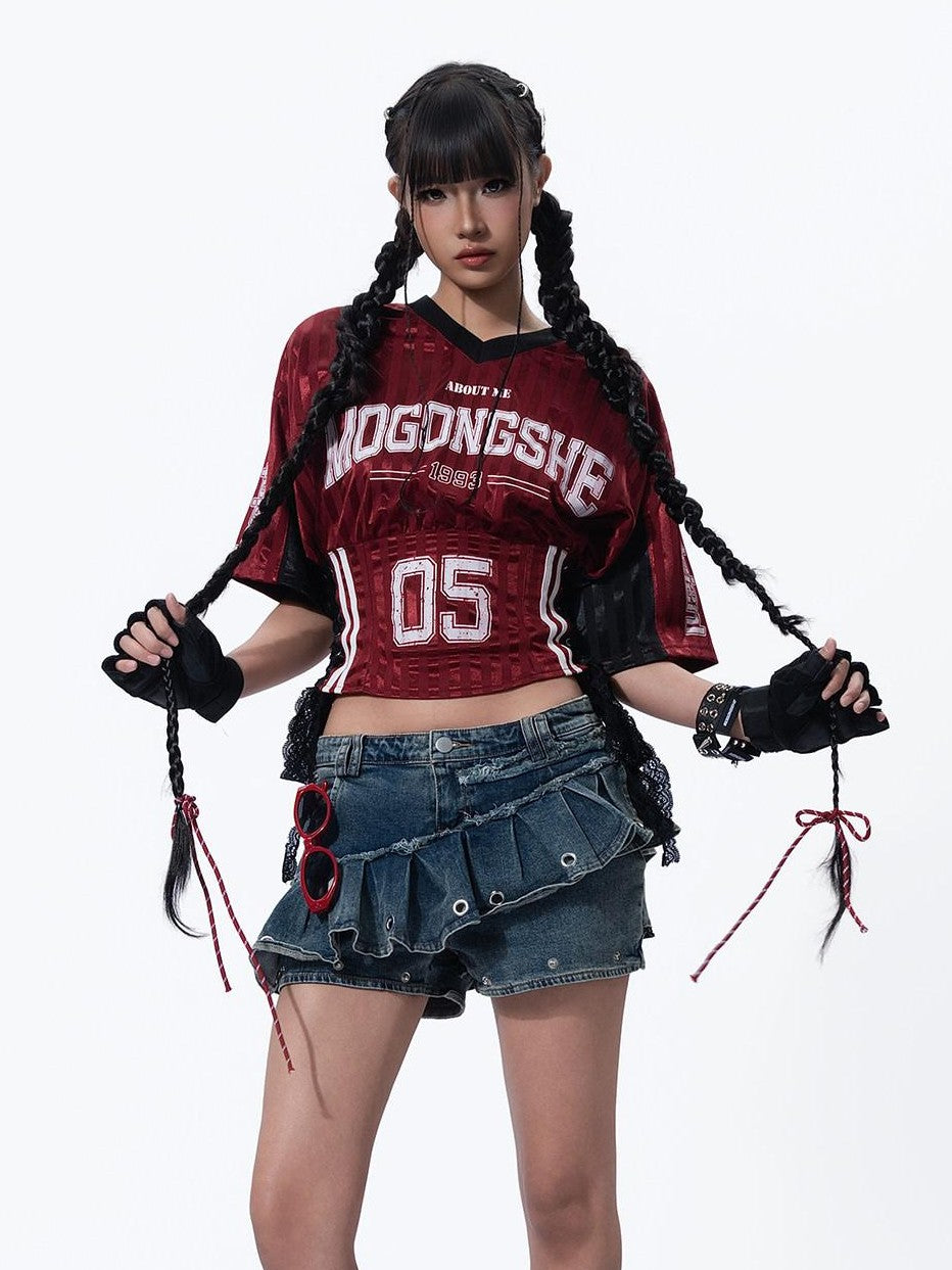 MOGONGSHE Colorblock Contrast V-neck Short Sleeve Athletic Women's Jersey Crop Tops