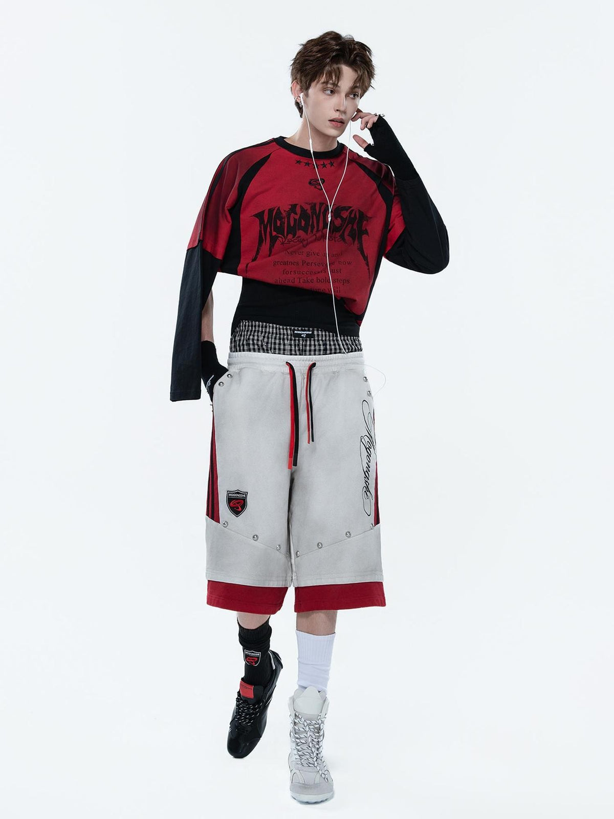 MOGONGSHE Colorblock Drawstring Graffiti Embroidered Wide Leg Cotton Women's Athletic Shorts