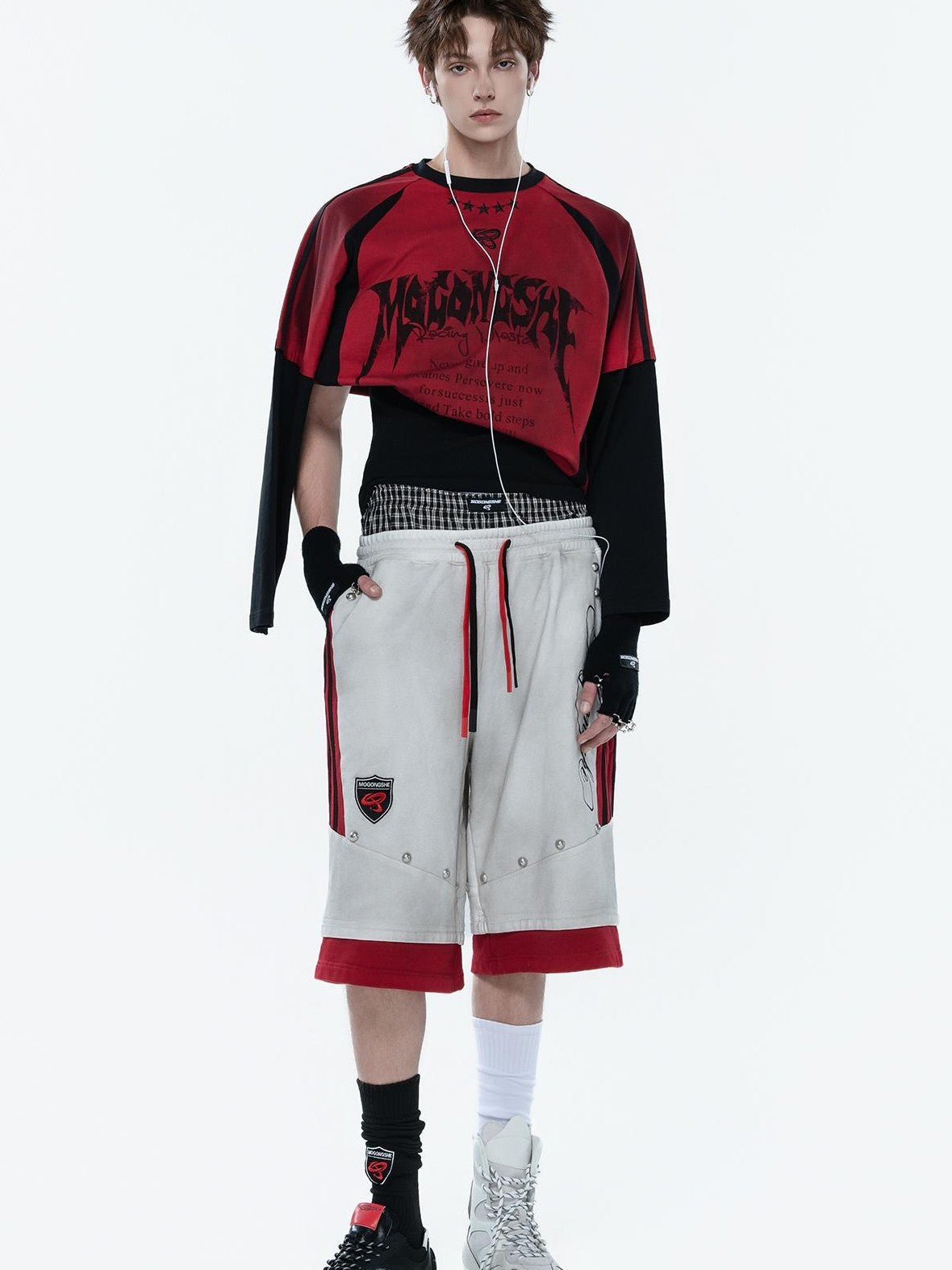 MOGONGSHE Colorblock Drawstring Graffiti Embroidered Wide Leg Cotton Women's Athletic Shorts