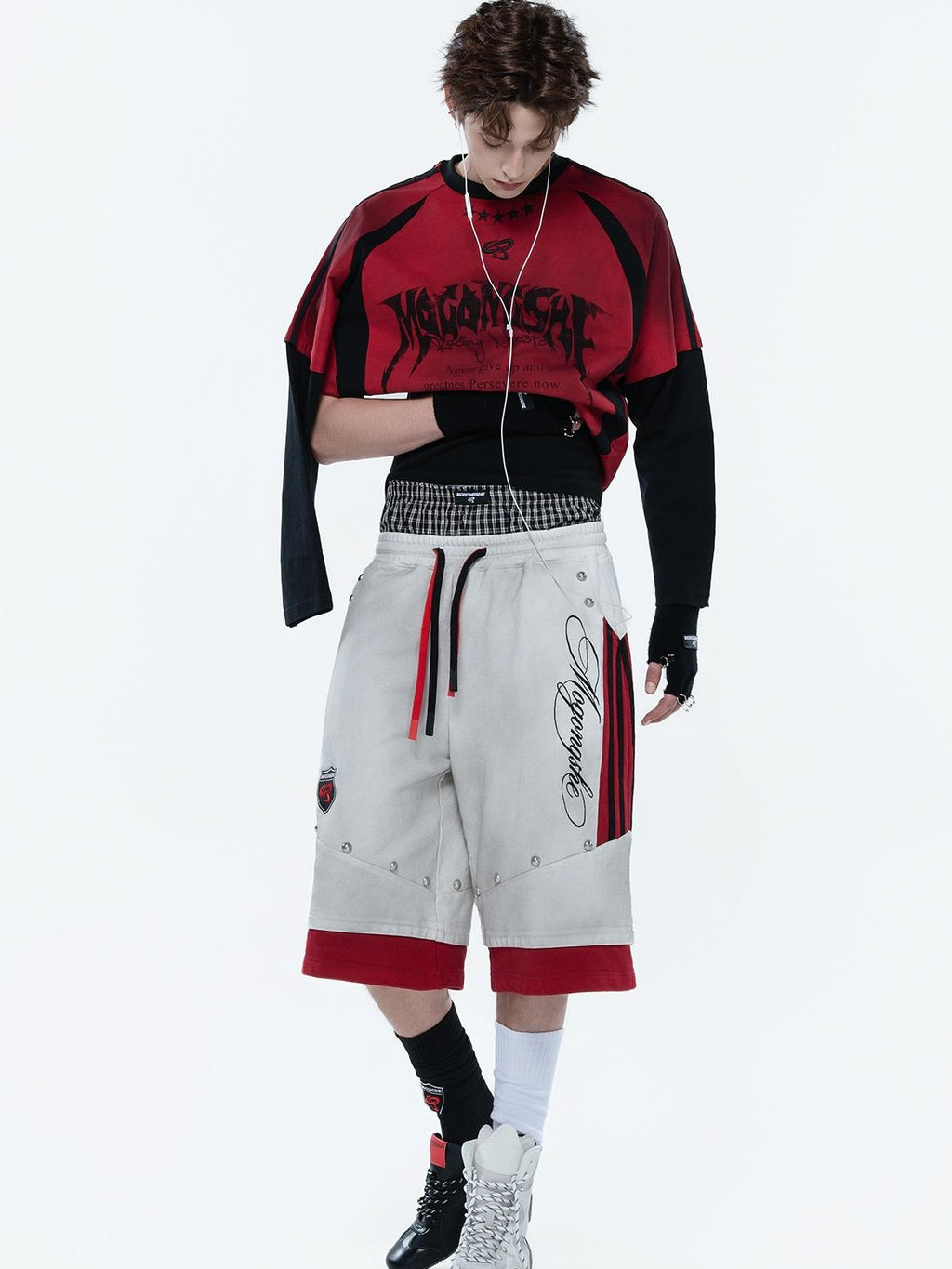 MOGONGSHE Colorblock Drawstring Graffiti Embroidered Wide Leg Cotton Women's Athletic Shorts