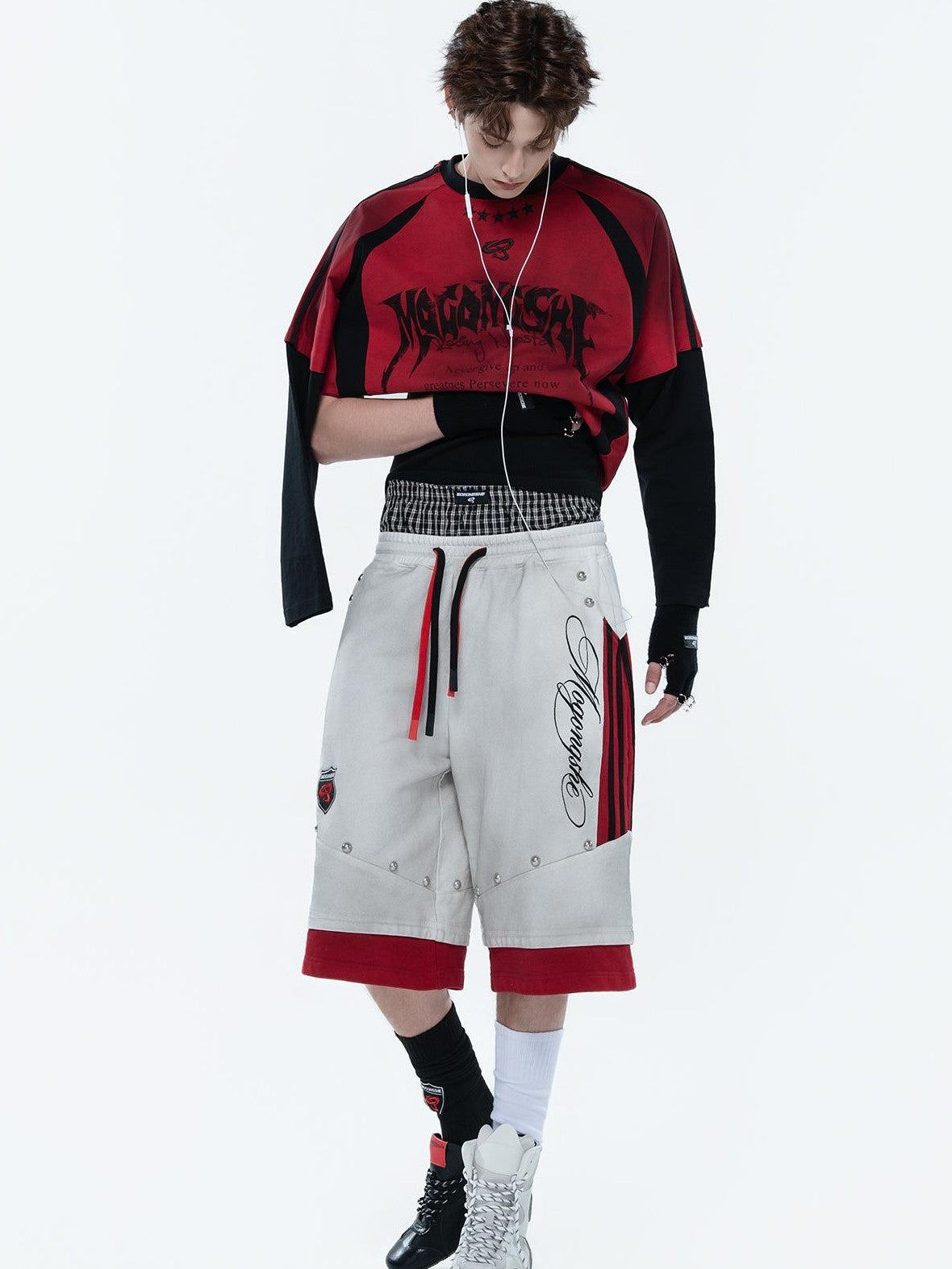 MOGONGSHE Colorblock Drawstring Graffiti Embroidered Wide Leg Cotton Women's Athletic Shorts