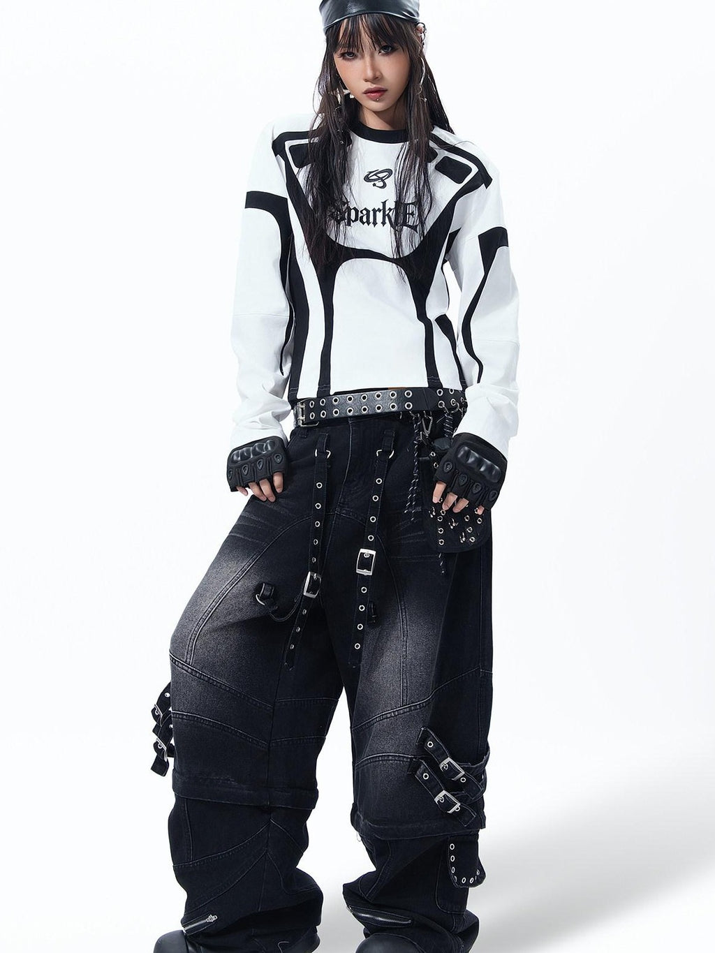 MOGONGSHE Cropped Lettering Racing Patchwork Motorcycle Women's Long Sleeve T-shirts
