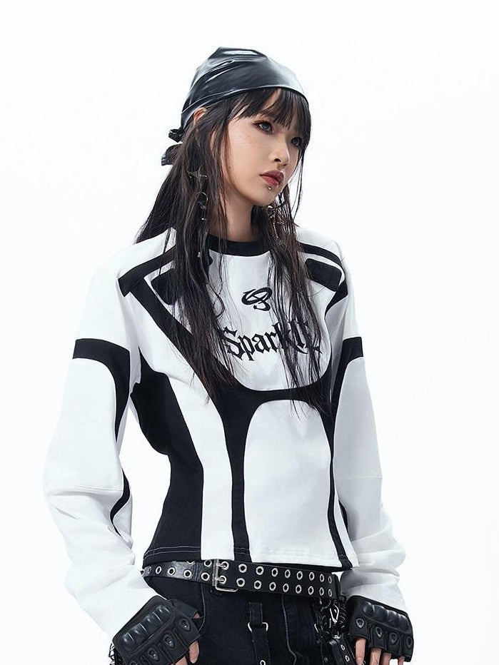 MOGONGSHE Cropped Lettering Racing Patchwork Motorcycle Women's Long Sleeve T-shirts