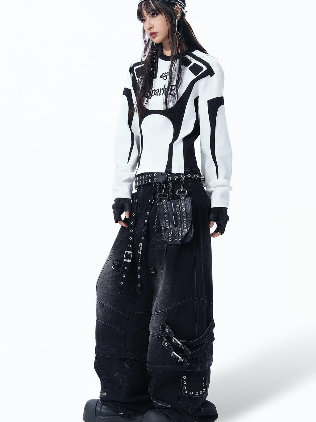MOGONGSHE Cropped Lettering Racing Patchwork Motorcycle Women's Long Sleeve T-shirts