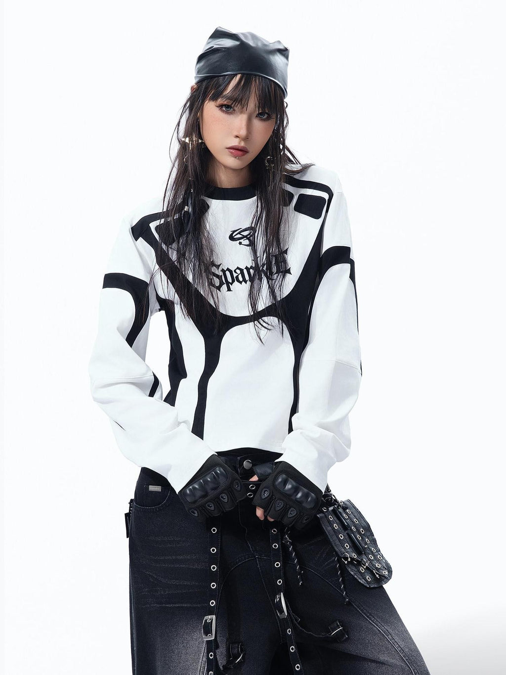 MOGONGSHE Cropped Lettering Racing Patchwork Motorcycle Women's Long Sleeve T-shirts