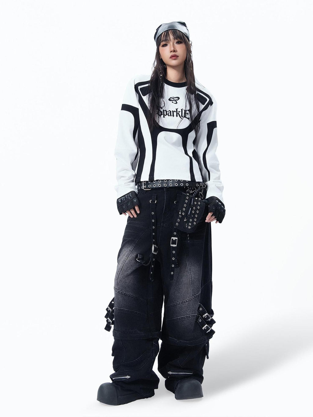 MOGONGSHE Cropped Lettering Racing Patchwork Motorcycle Women's Long Sleeve T-shirts