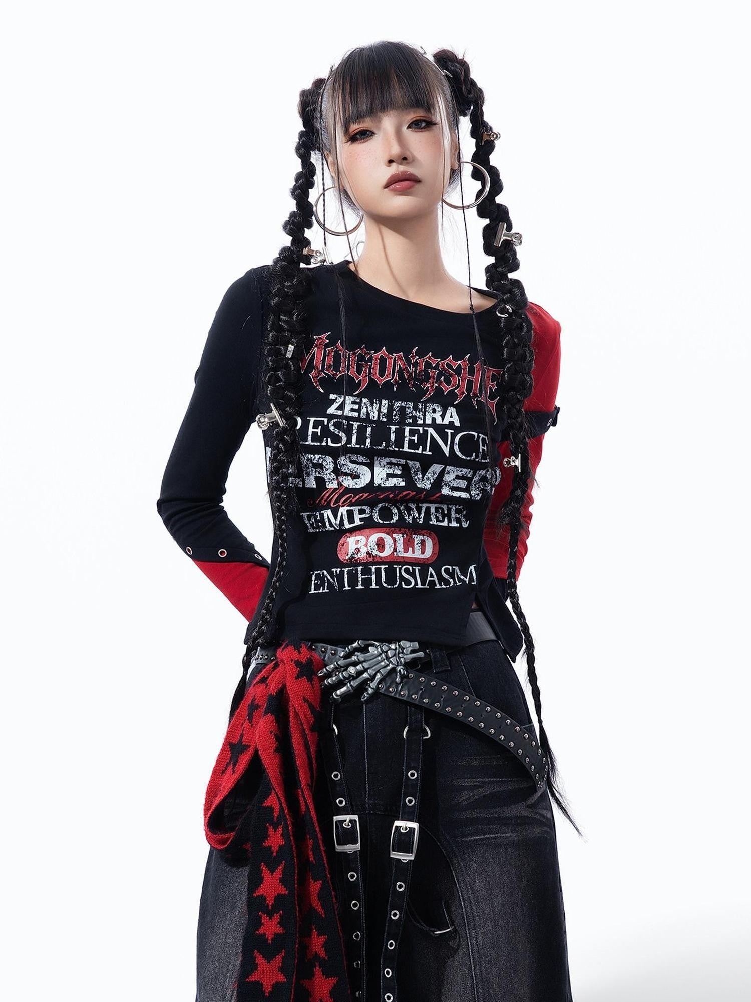 MOGONGSHE Dark Gothic Patchwork Letter Print Slim Fit Women's Long Sleeve T-shirts