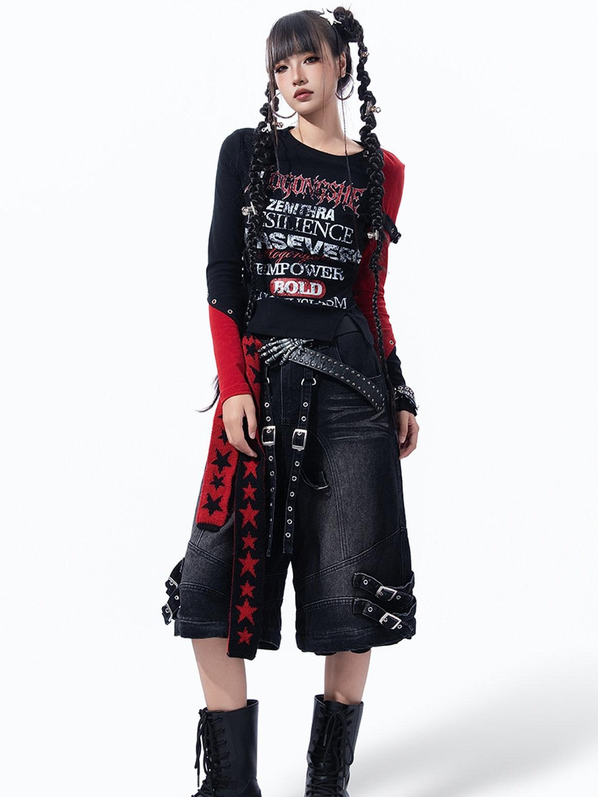 MOGONGSHE Dark Gothic Patchwork Letter Print Slim Fit Women's Long Sleeve T-shirts