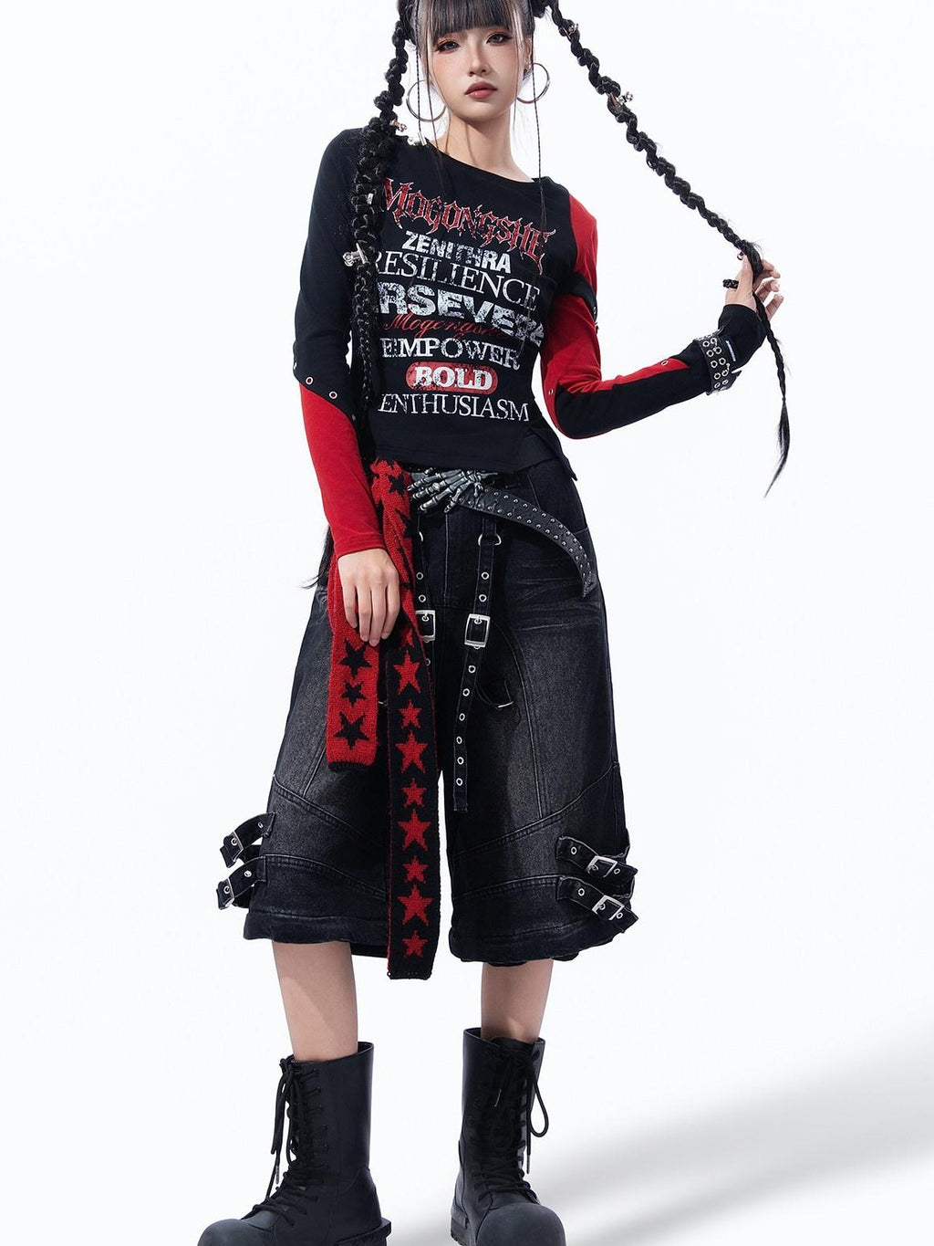 MOGONGSHE Dark Gothic Patchwork Letter Print Slim Fit Women's Long Sleeve T-shirts