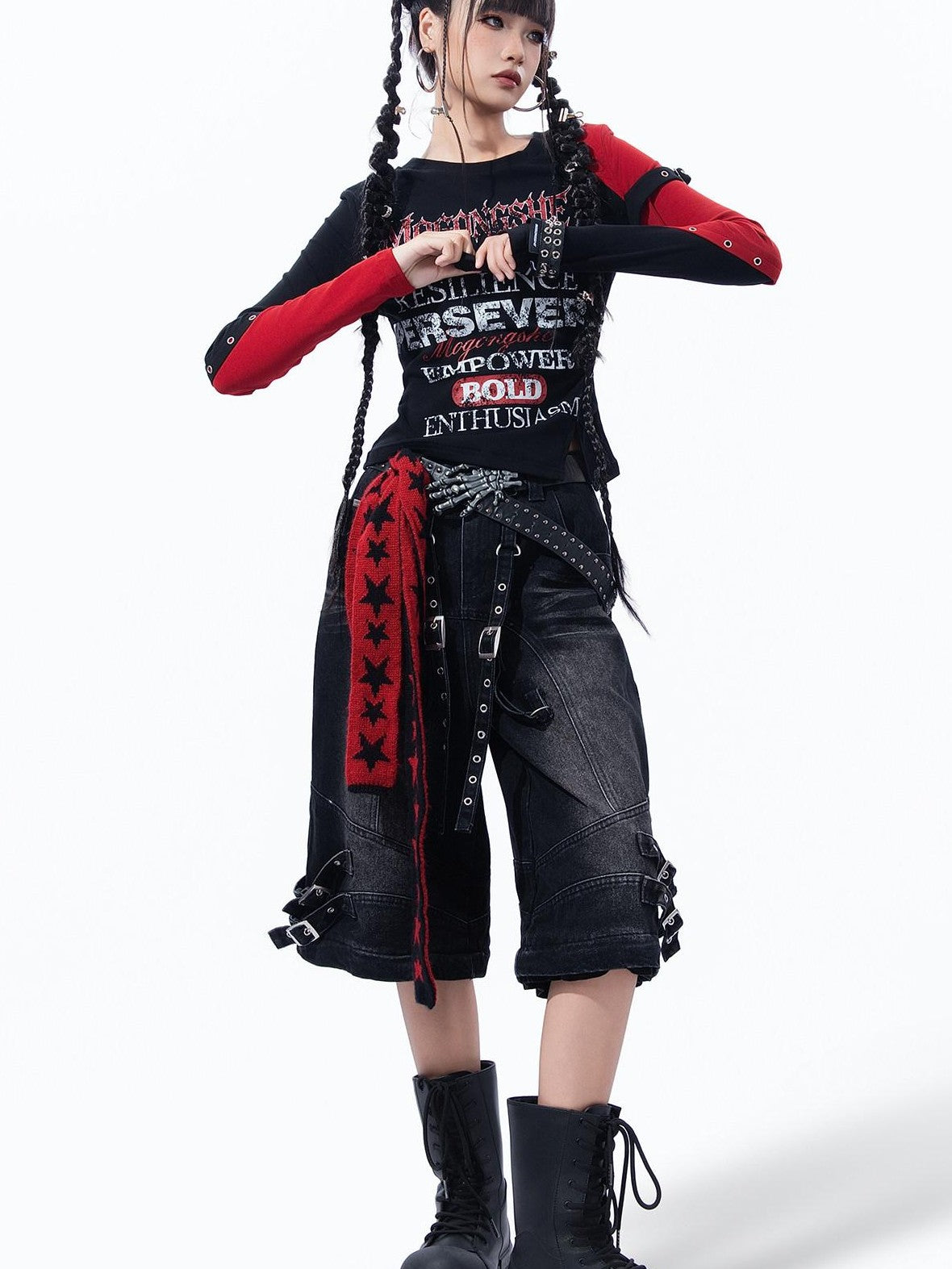 MOGONGSHE Dark Gothic Patchwork Letter Print Slim Fit Women's Long Sleeve T-shirts