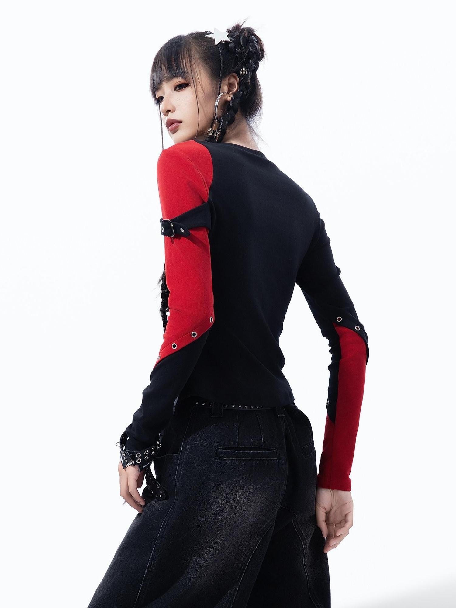 MOGONGSHE Dark Gothic Patchwork Letter Print Slim Fit Women's Long Sleeve T-shirts
