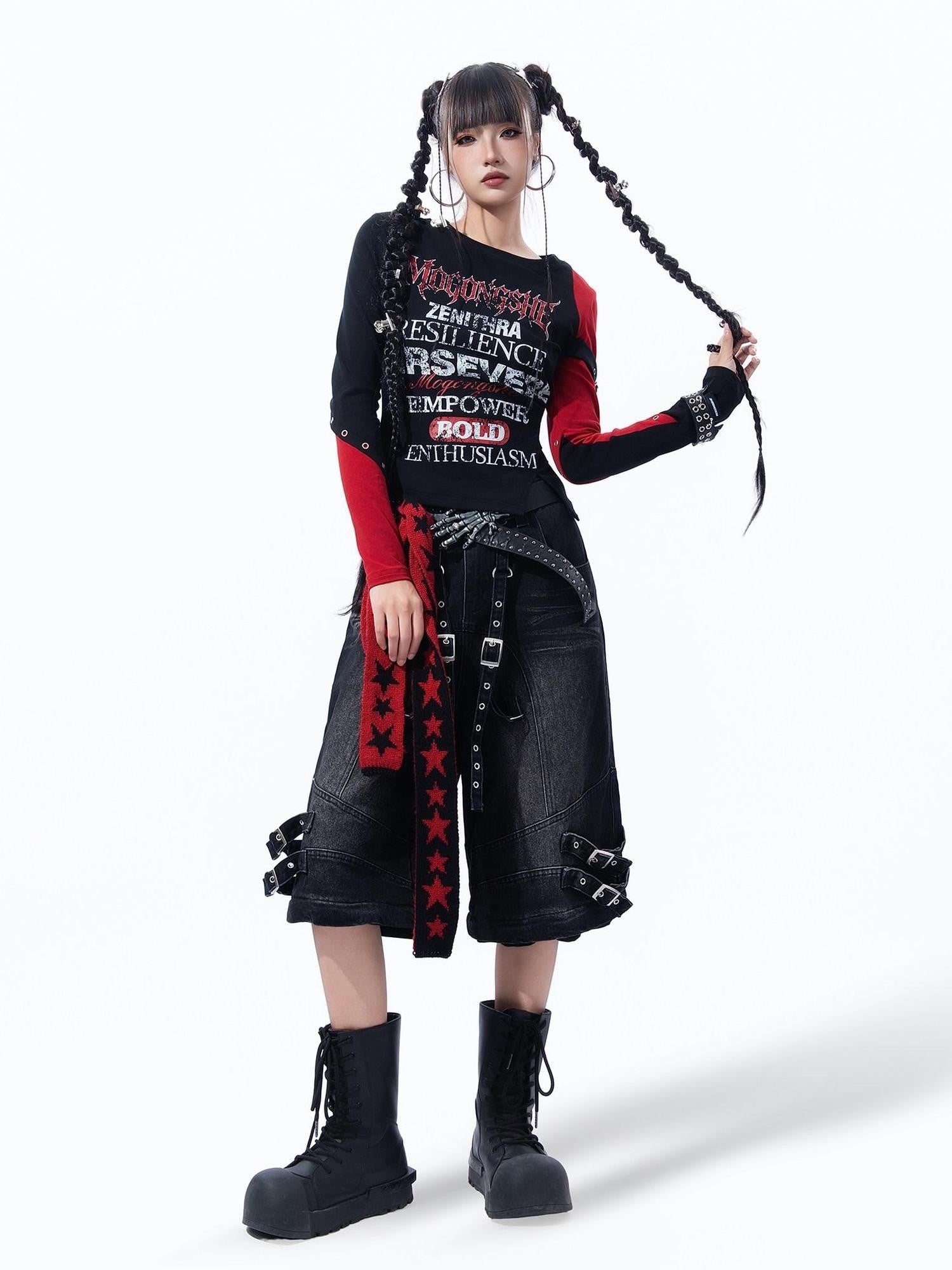 MOGONGSHE Dark Gothic Patchwork Letter Print Slim Fit Women's Long Sleeve T-shirts