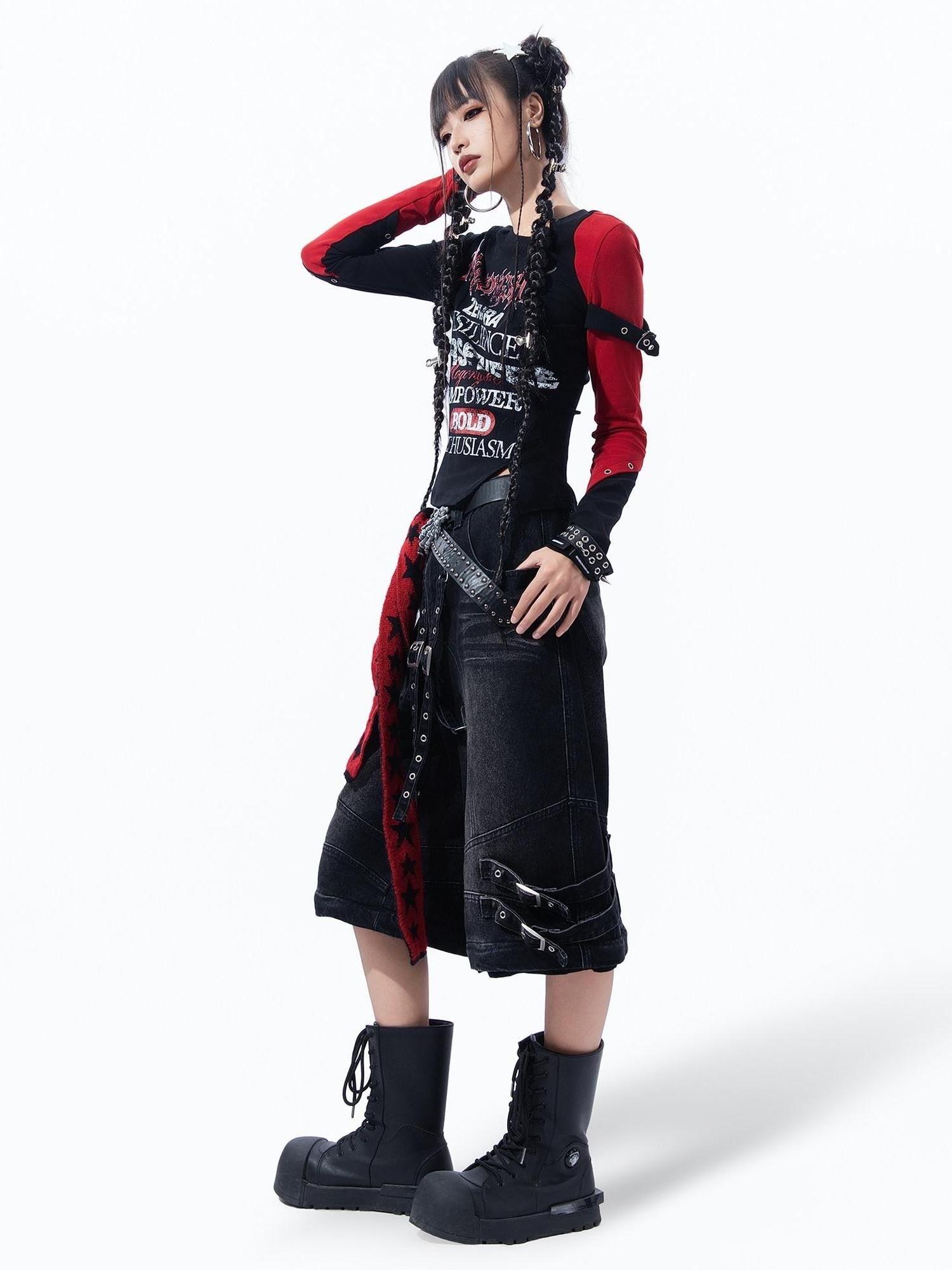 MOGONGSHE Dark Gothic Patchwork Letter Print Slim Fit Women's Long Sleeve T-shirts