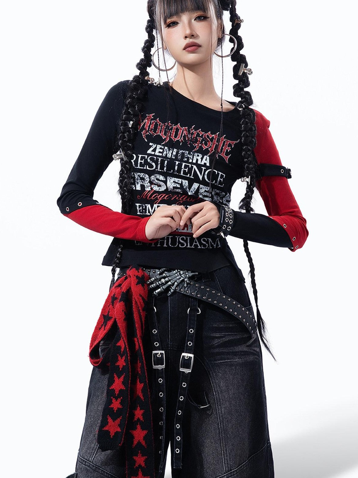 MOGONGSHE Dark Gothic Patchwork Letter Print Slim Fit Women's Long Sleeve T-shirts