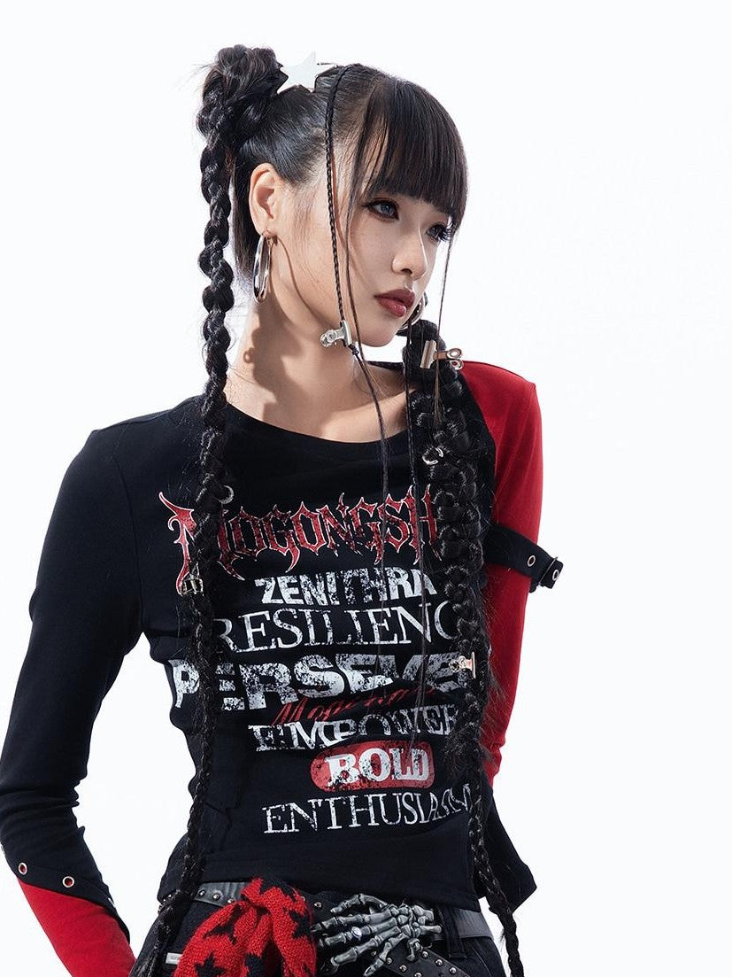MOGONGSHE Dark Gothic Patchwork Letter Print Slim Fit Women's Long Sleeve T-shirts