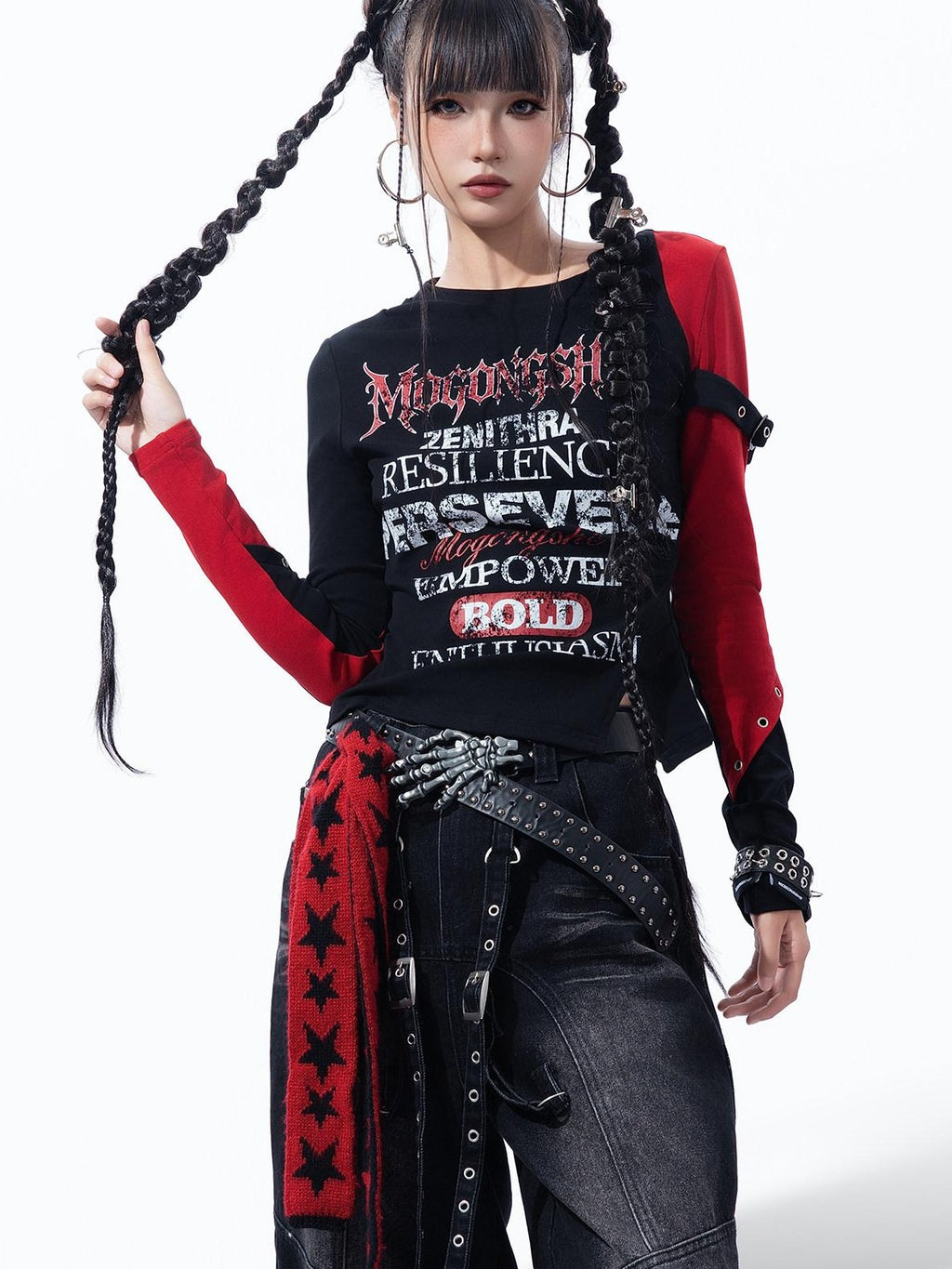 MOGONGSHE Dark Gothic Patchwork Letter Print Slim Fit Women's Long Sleeve T-shirts