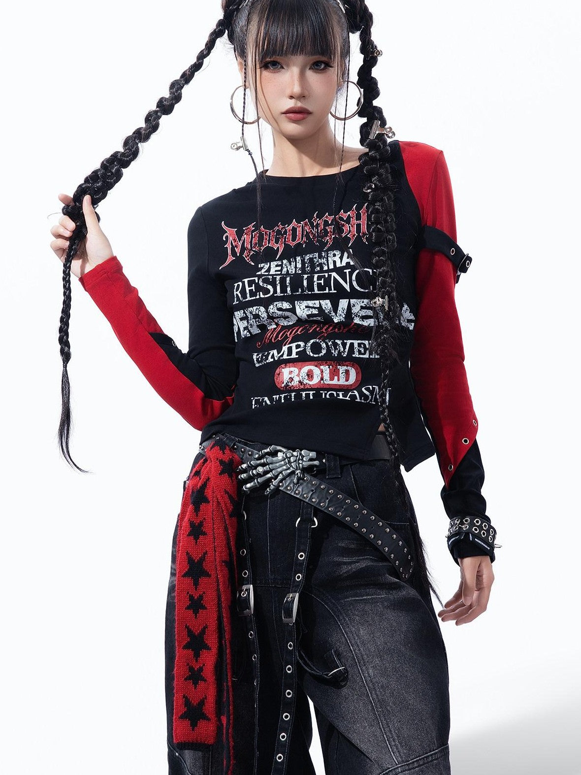 MOGONGSHE Dark Gothic Patchwork Letter Print Slim Fit Women's Long Sleeve T-shirts