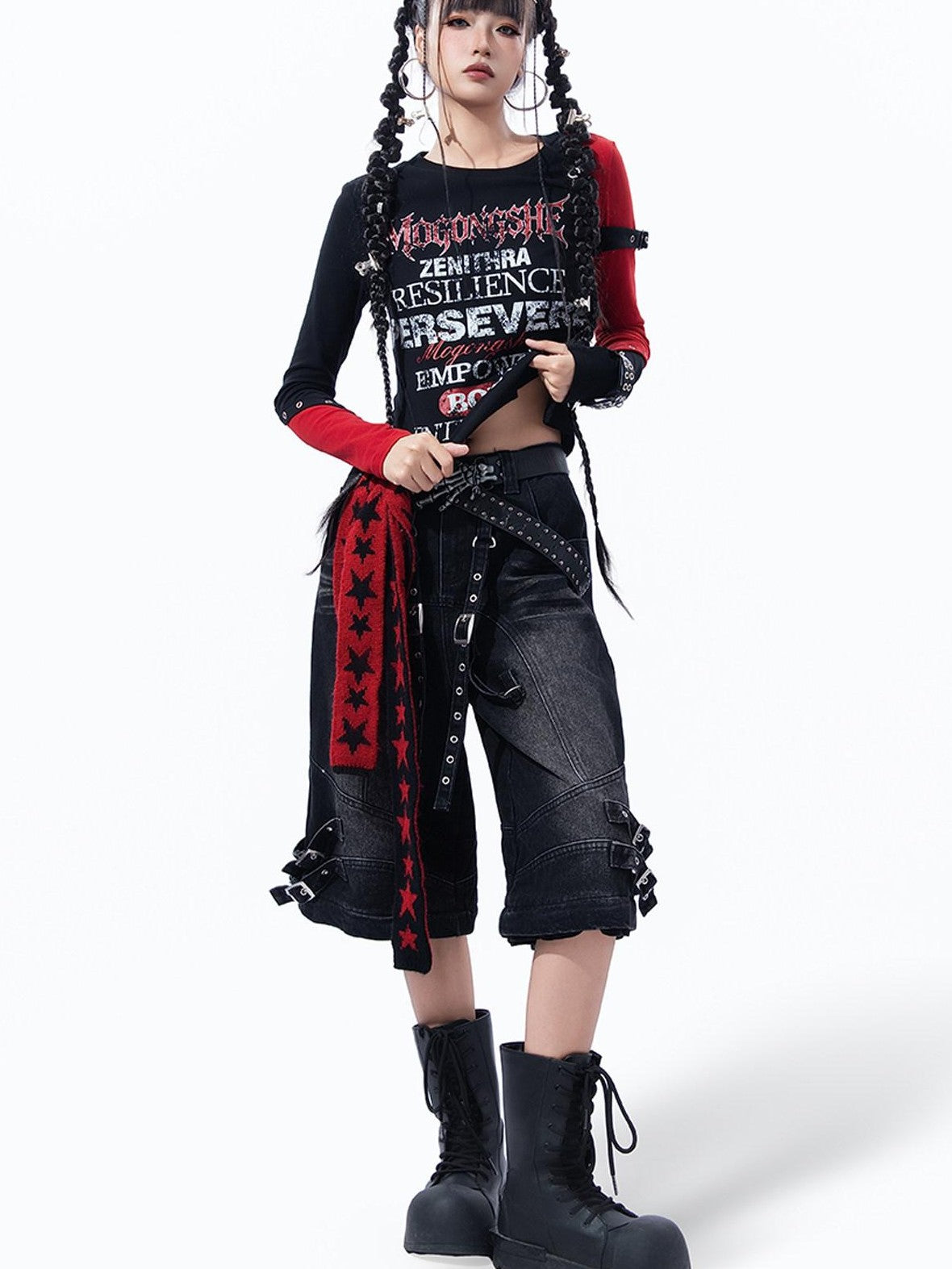 MOGONGSHE Dark Gothic Patchwork Letter Print Slim Fit Women's Long Sleeve T-shirts