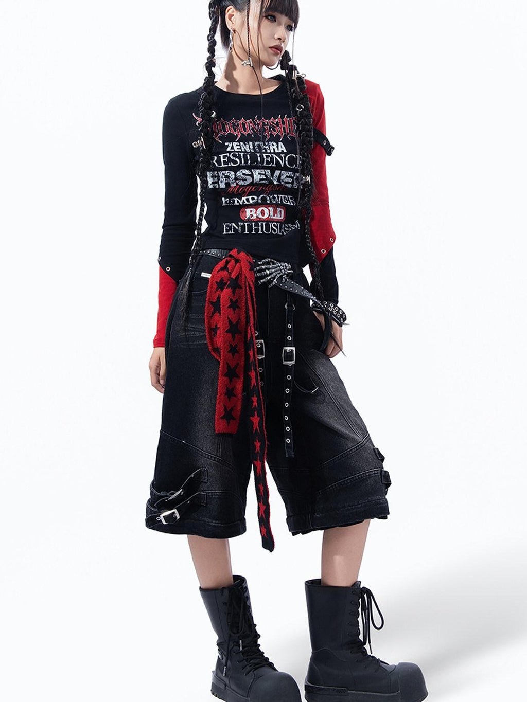 MOGONGSHE Dark Gothic Patchwork Letter Print Slim Fit Women's Long Sleeve T-shirts
