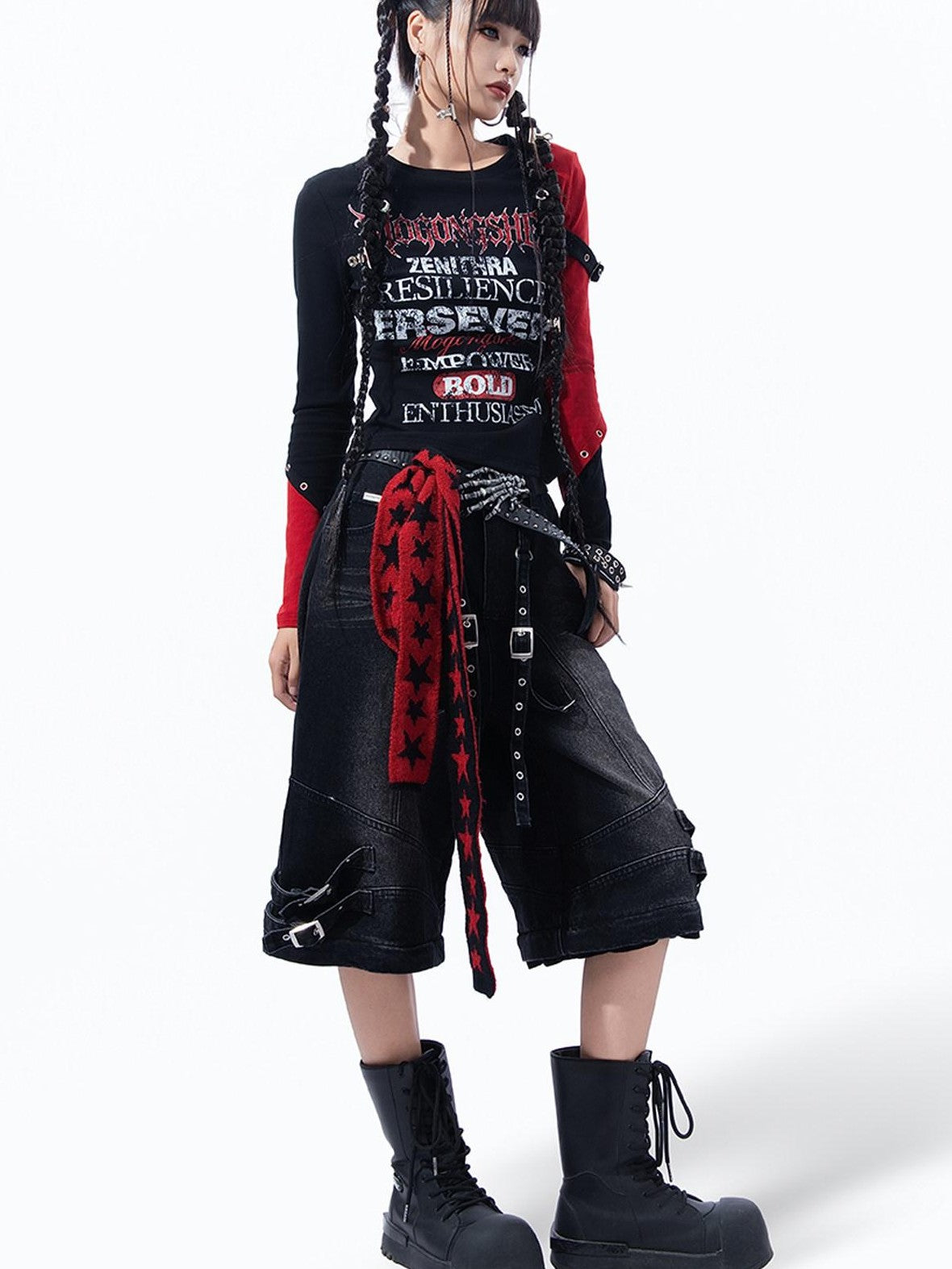 MOGONGSHE Dark Gothic Patchwork Letter Print Slim Fit Women's Long Sleeve T-shirts