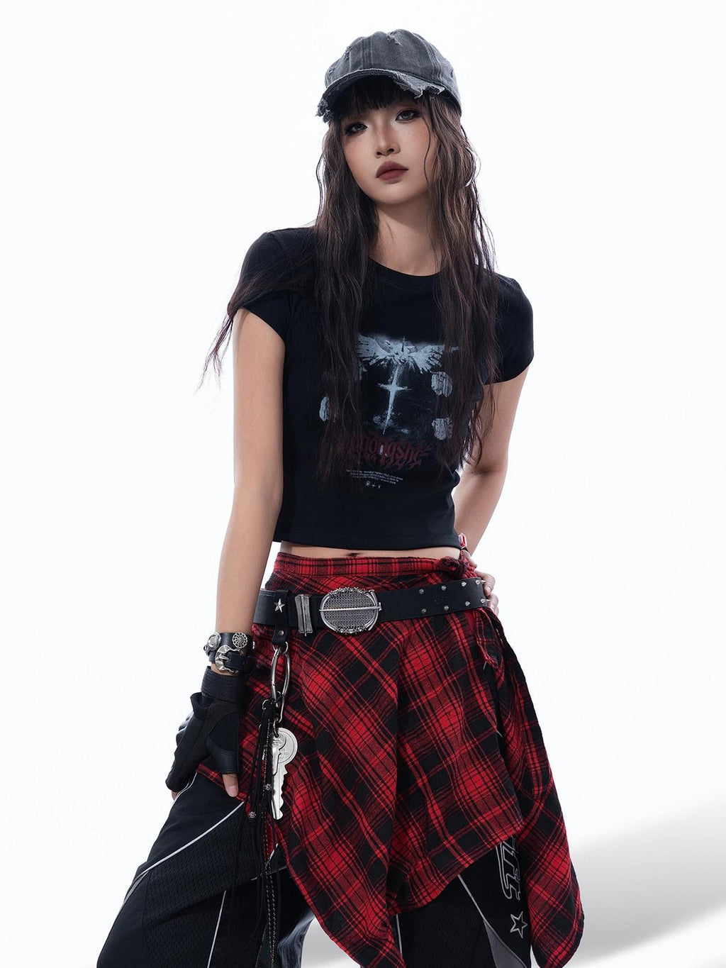 MOGONGSHE Dark Gothic Wing Print Slimming Short Sleeve Slim Fit Women's Crop Tops
