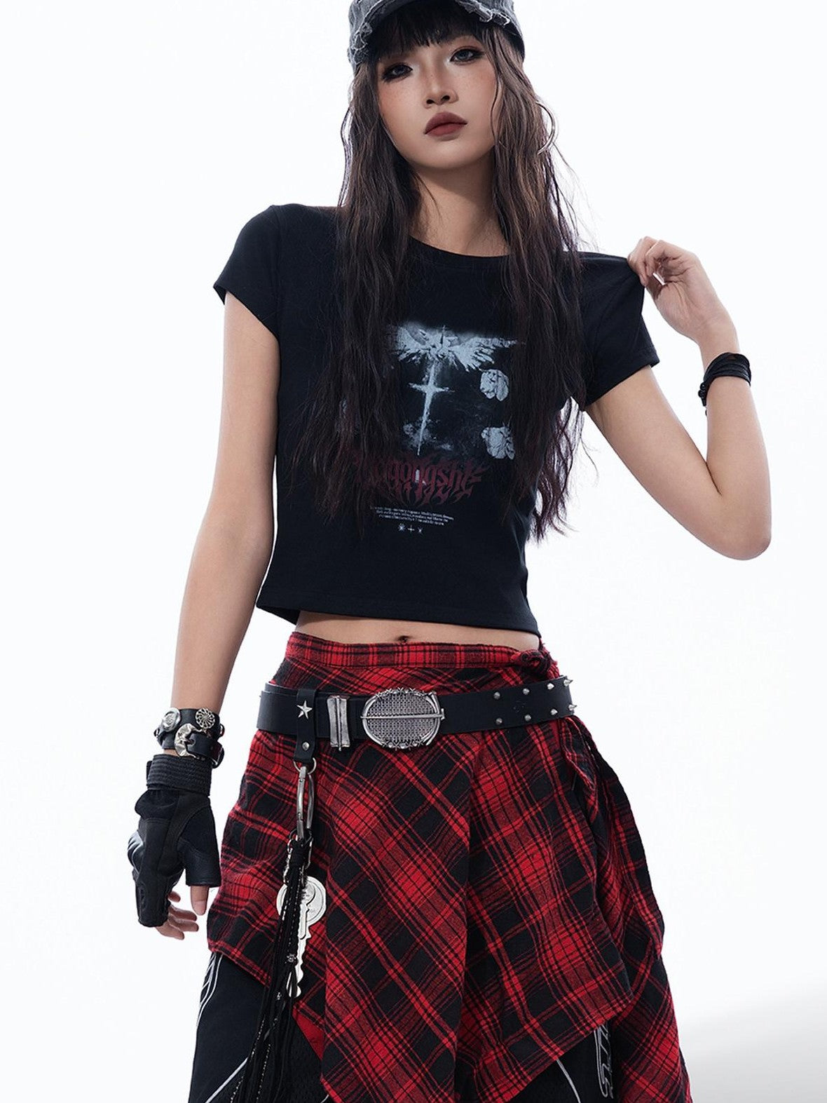 MOGONGSHE Dark Gothic Wing Print Slimming Short Sleeve Slim Fit Women's Crop Tops
