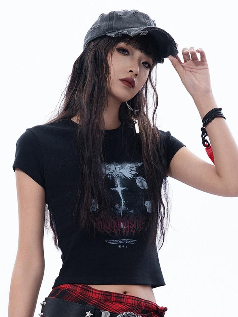 MOGONGSHE Dark Gothic Wing Print Slimming Short Sleeve Slim Fit Women's Crop Tops
