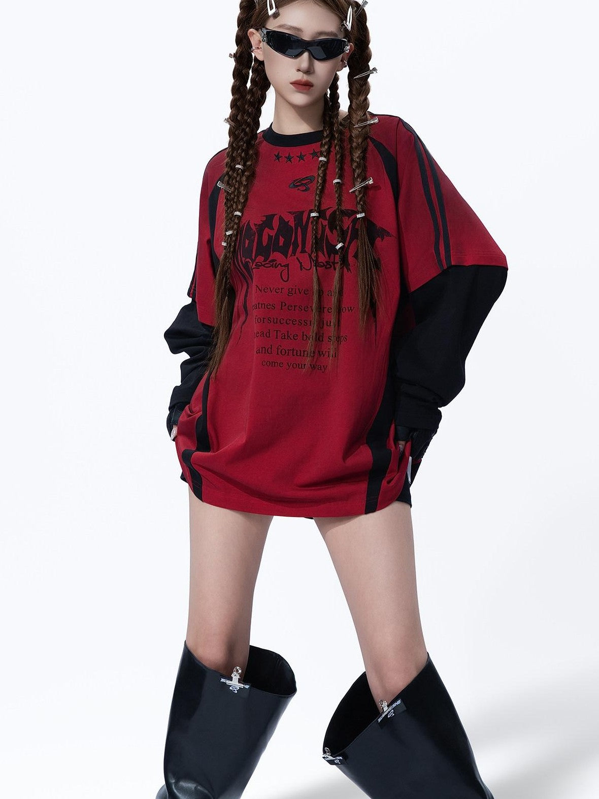 MOGONGSHE Dark Street Patchwork Colorblock Distressed Logo Women's Long Sleeve T-shirts