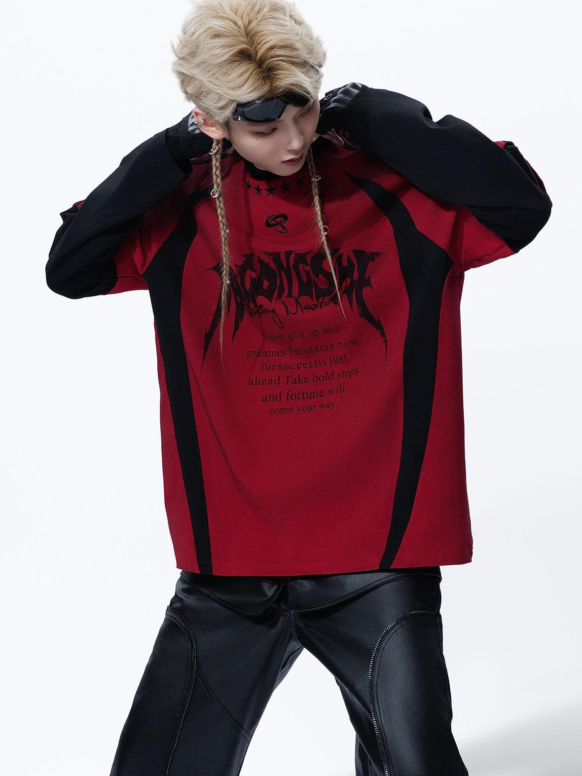 MOGONGSHE Dark Street Patchwork Colorblock Distressed Logo Women's Long Sleeve T-shirts
