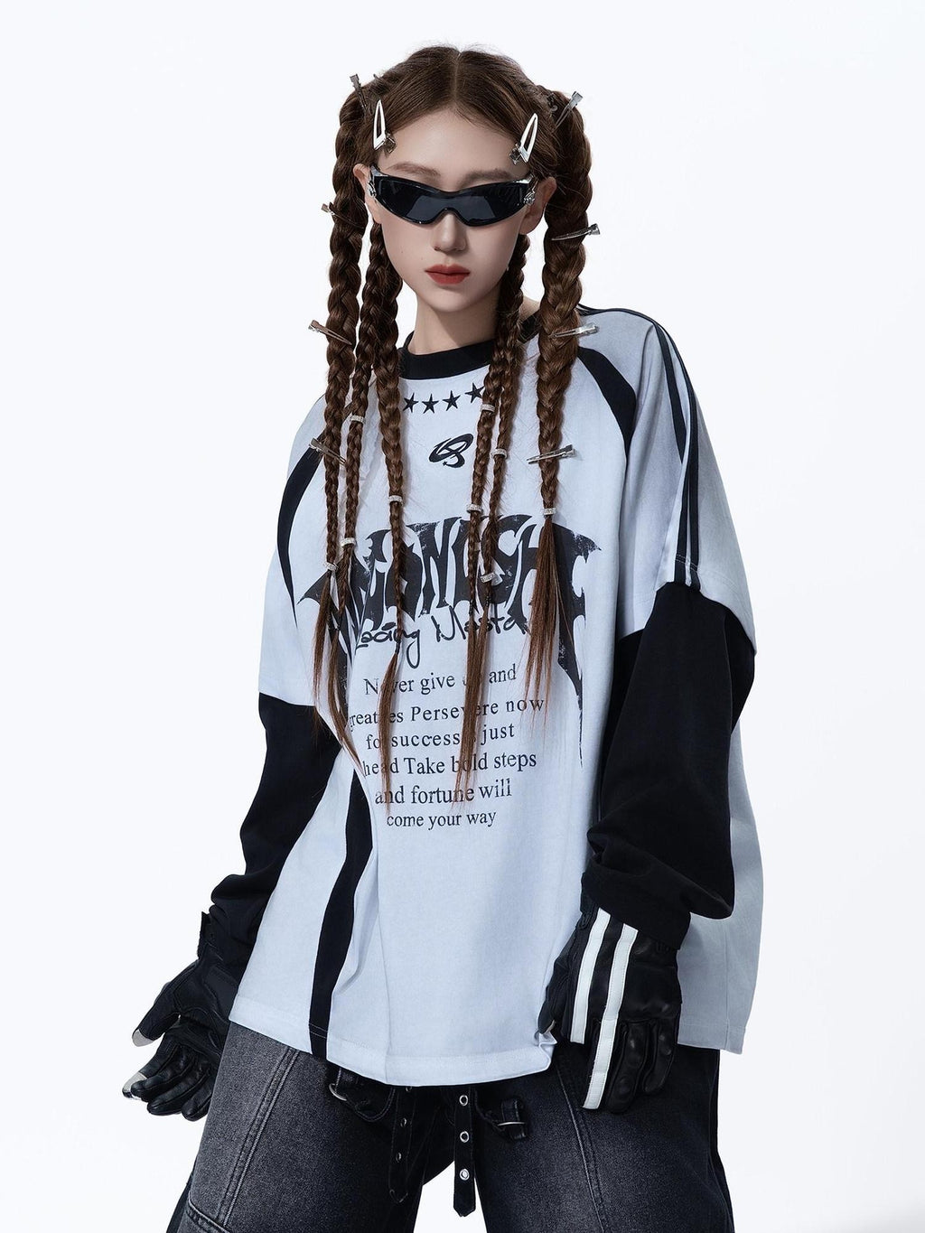 MOGONGSHE Dark Street Patchwork Colorblock Distressed Logo Women's Long Sleeve T-shirts