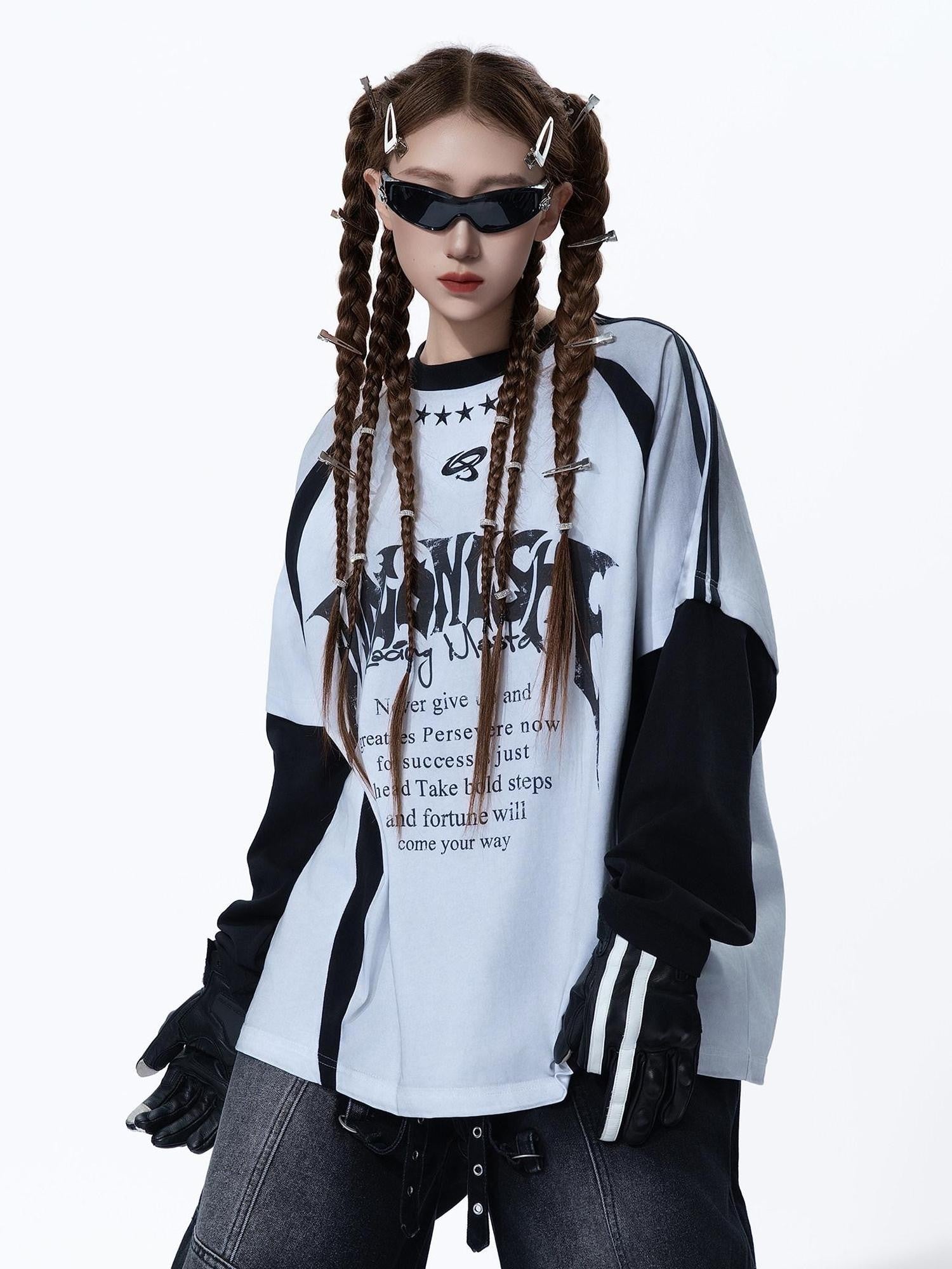 MOGONGSHE Dark Street Patchwork Colorblock Distressed Logo Women's Long Sleeve T-shirts