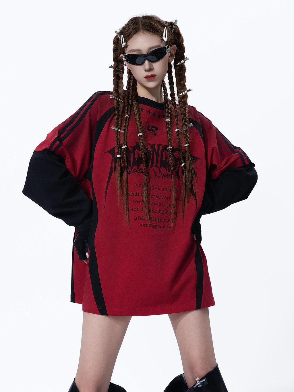 MOGONGSHE Dark Street Patchwork Colorblock Distressed Logo Women's Long Sleeve T-shirts
