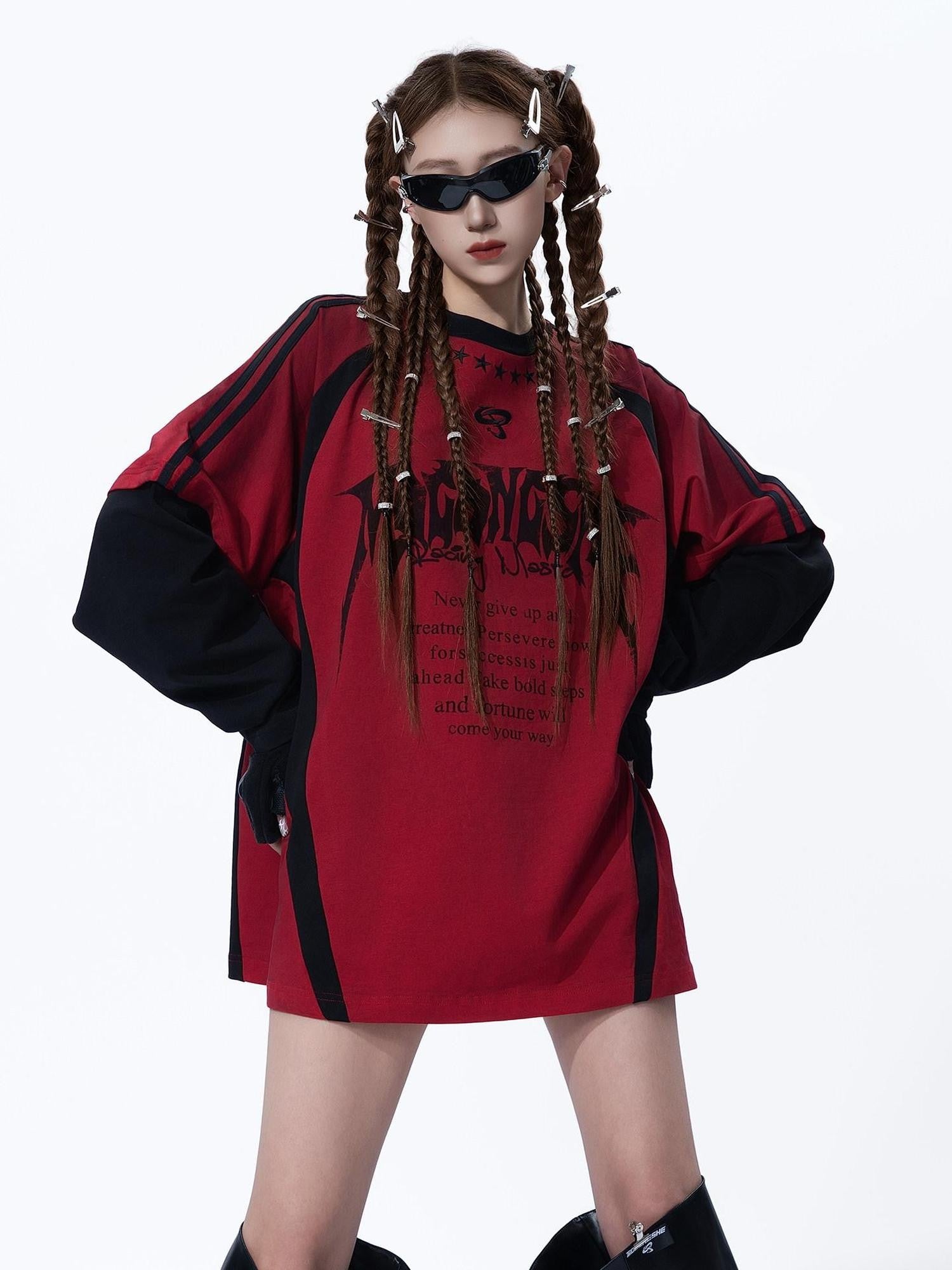 MOGONGSHE Dark Street Patchwork Colorblock Distressed Logo Women's Long Sleeve T-shirts