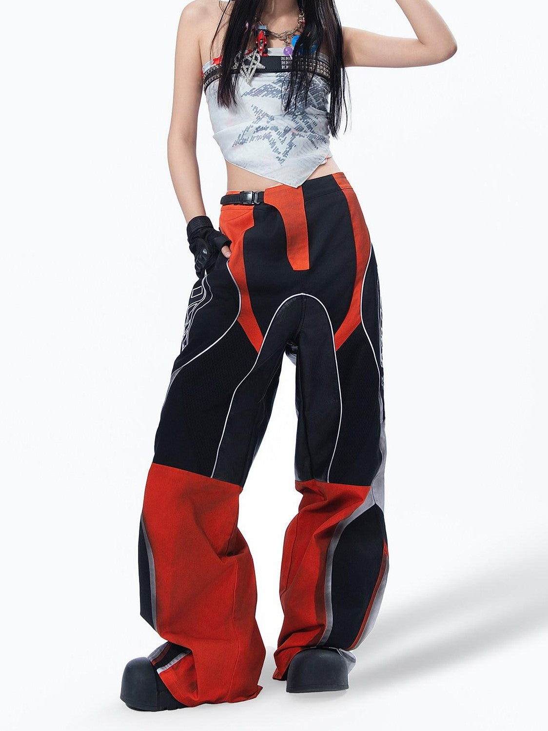 MOGONGSHE Deconstructed Colorblock Patchwork Retro Street Utility Women's Wide-leg Pants
