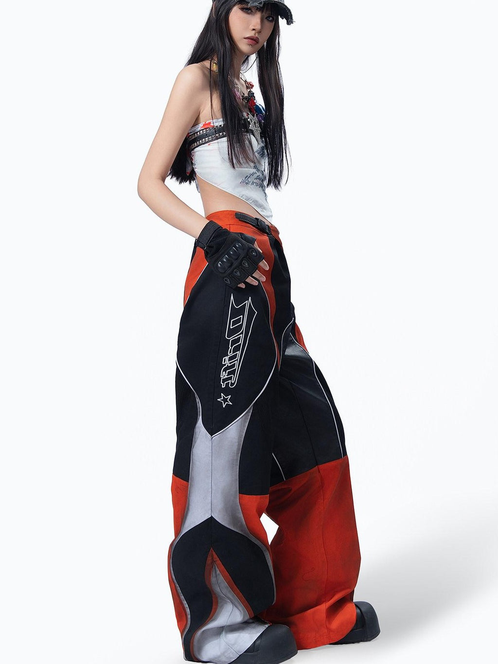 MOGONGSHE Deconstructed Colorblock Patchwork Retro Street Utility Women's Wide-leg Pants
