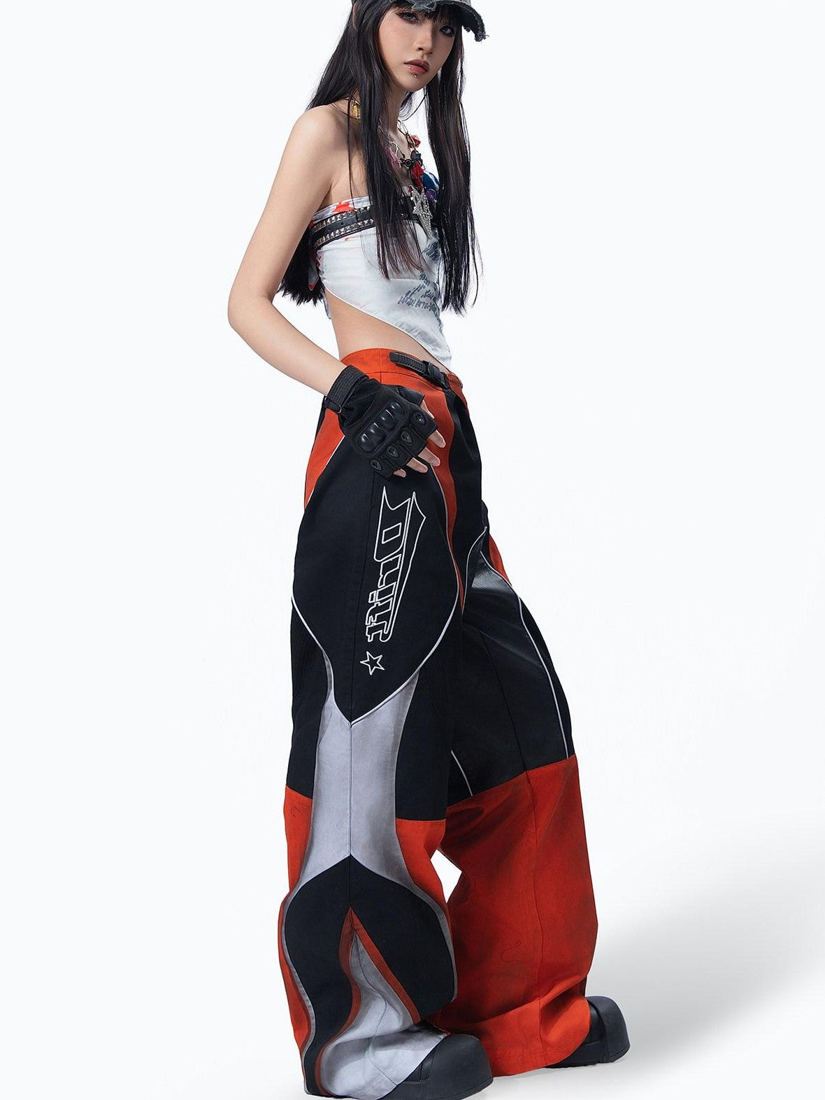MOGONGSHE Deconstructed Colorblock Patchwork Retro Street Utility Women's Wide-leg Pants