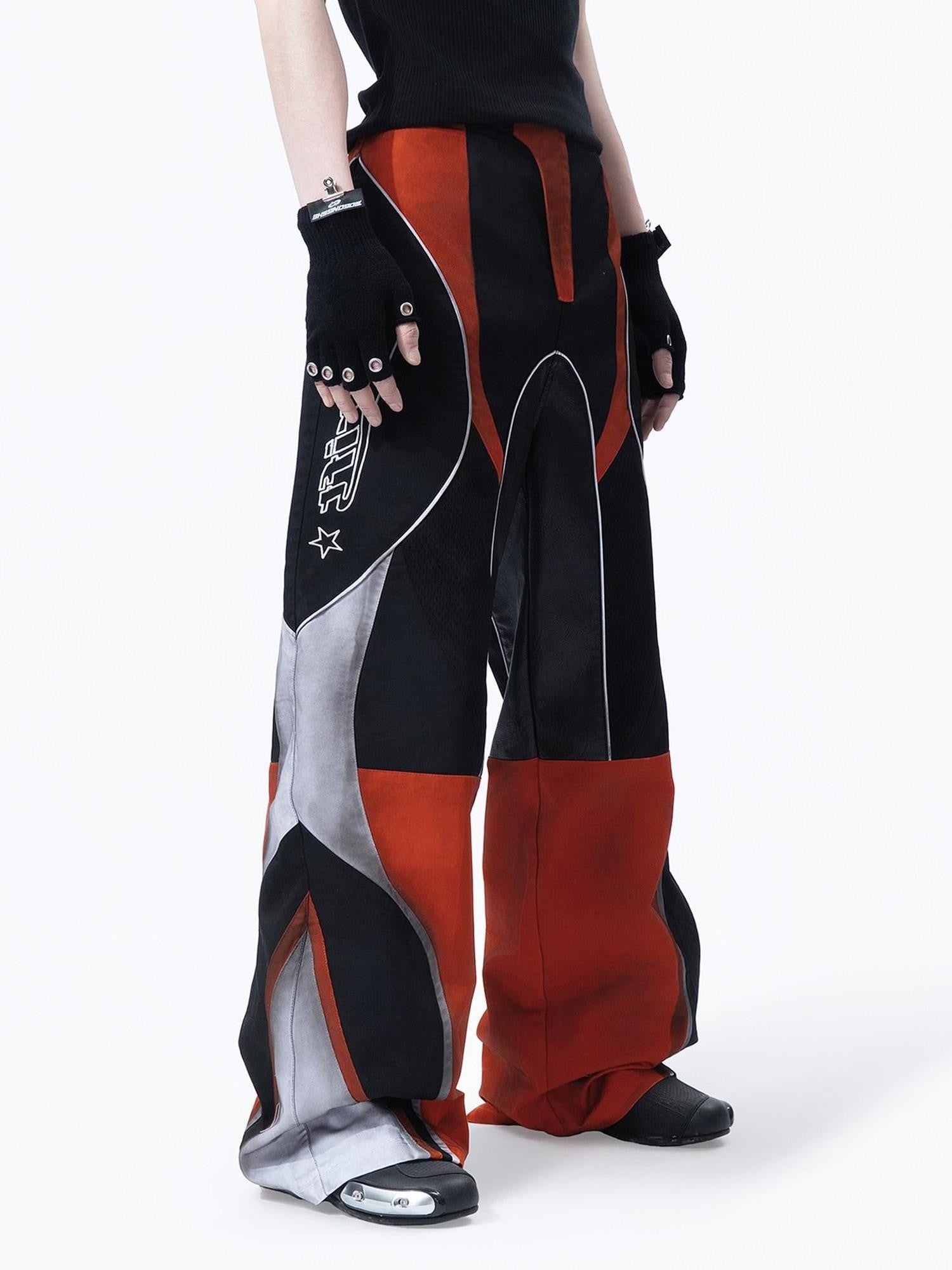 MOGONGSHE Deconstructed Colorblock Patchwork Retro Street Utility Women's Wide-leg Pants