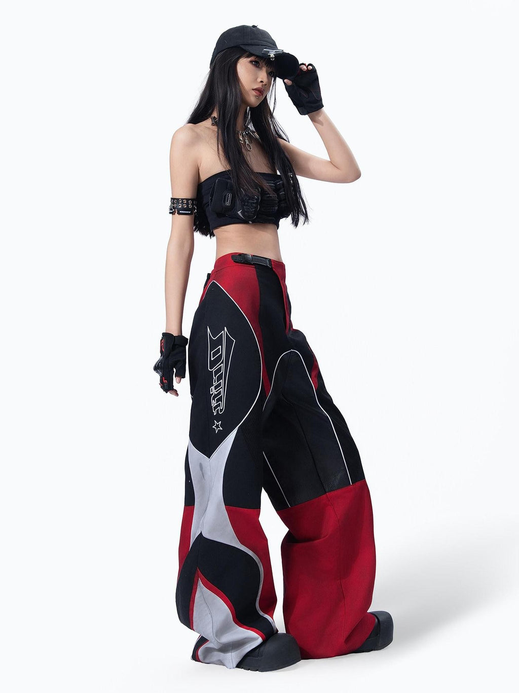 MOGONGSHE Deconstructed Colorblock Patchwork Retro Street Utility Women's Wide-leg Pants