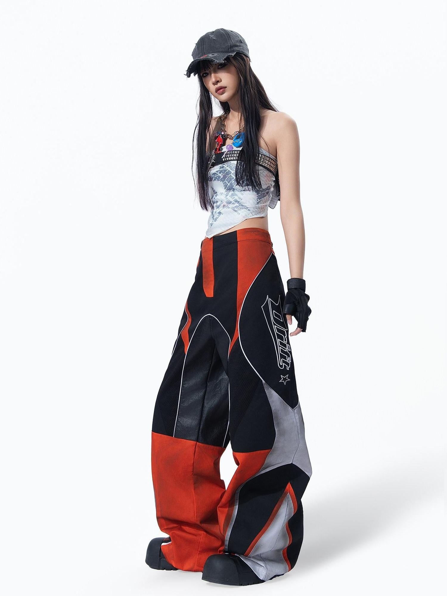MOGONGSHE Deconstructed Colorblock Patchwork Retro Street Utility Women's Wide-leg Pants