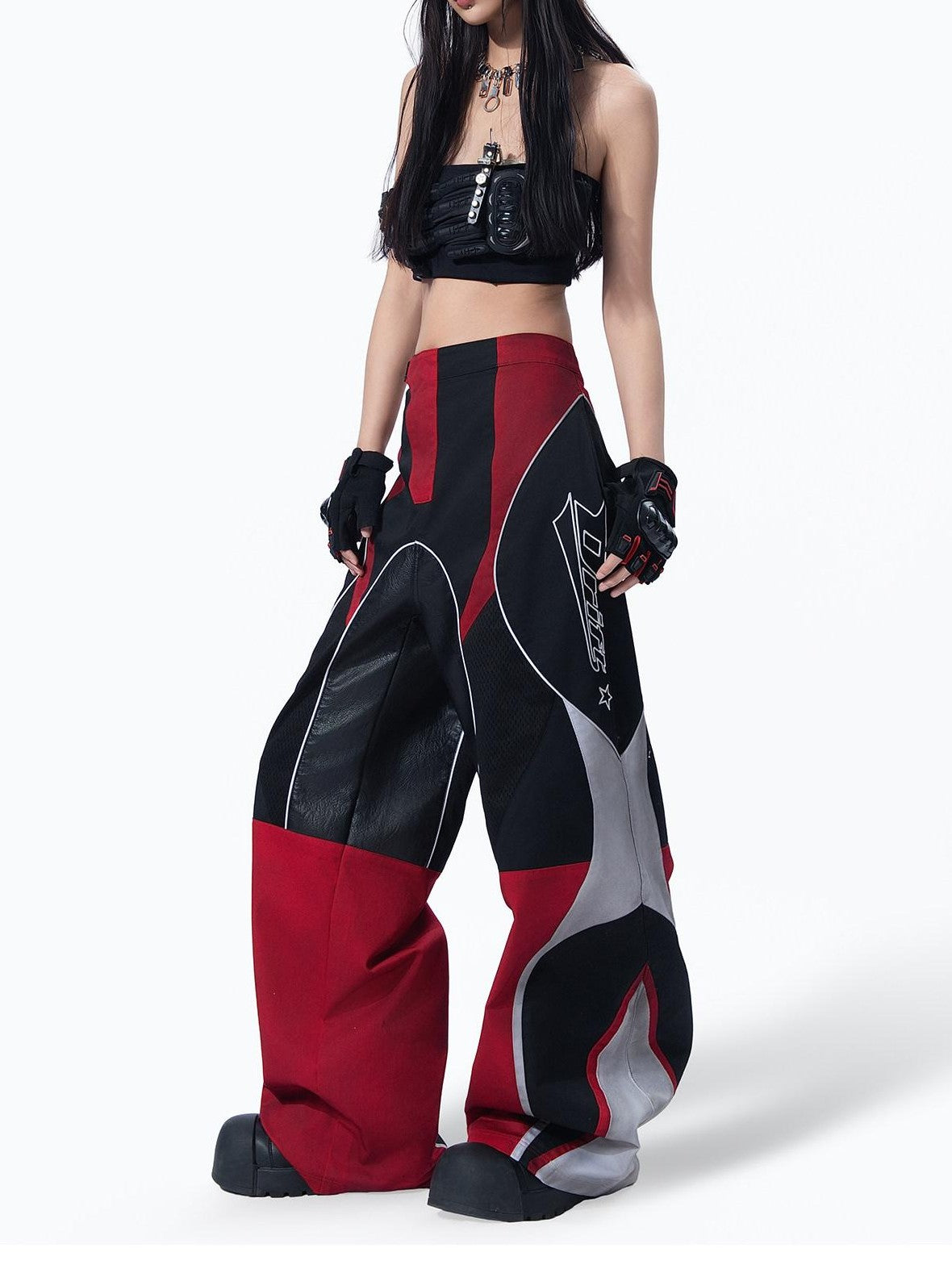 MOGONGSHE Deconstructed Colorblock Patchwork Retro Street Utility Women's Wide-leg Pants