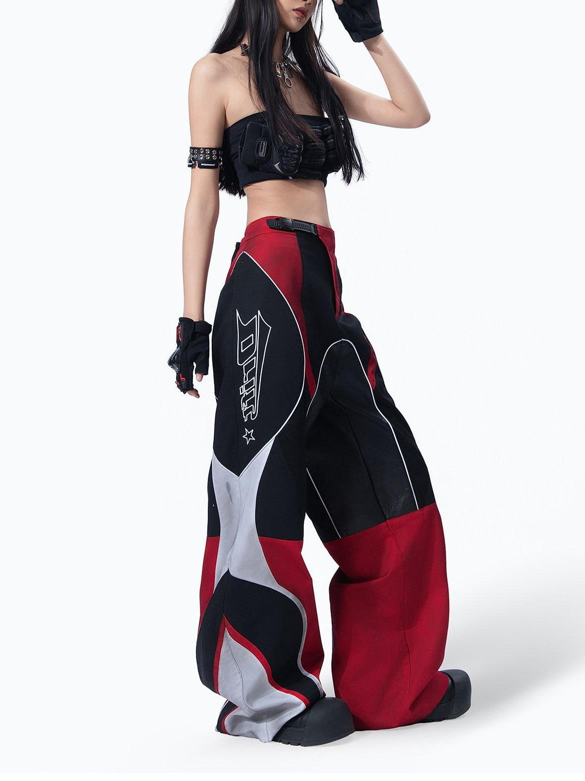 MOGONGSHE Deconstructed Colorblock Patchwork Retro Street Utility Women's Wide-leg Pants