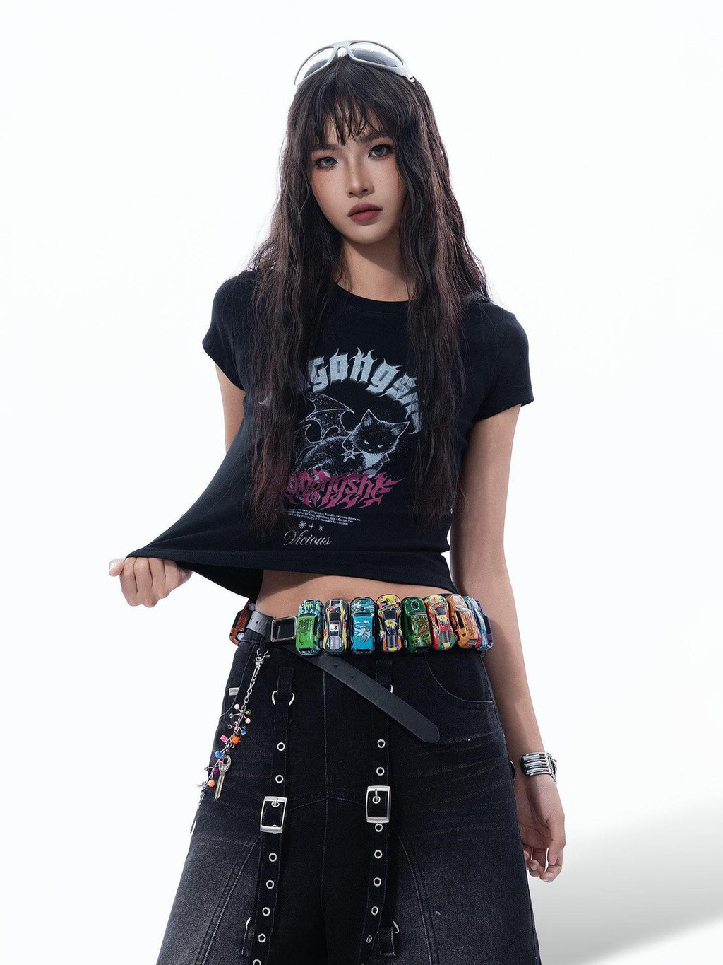 MOGONGSHE Devil Cat Graphic Subculture Set In Shoulder Slim Short Sleeve Women's Crop Tops