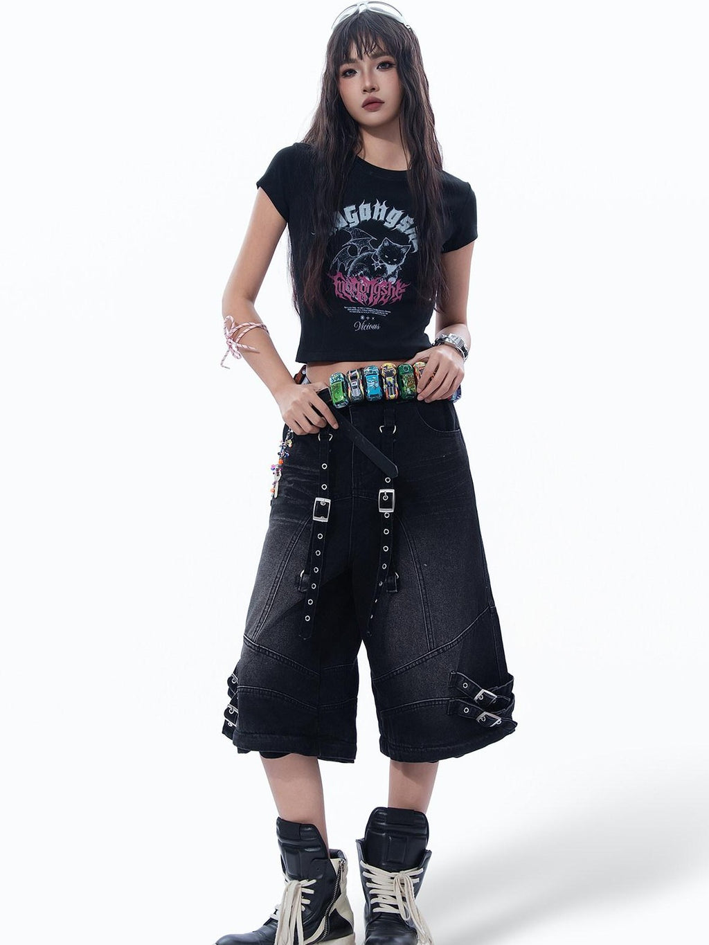 MOGONGSHE Devil Cat Graphic Subculture Set In Shoulder Slim Short Sleeve Women's Crop Tops