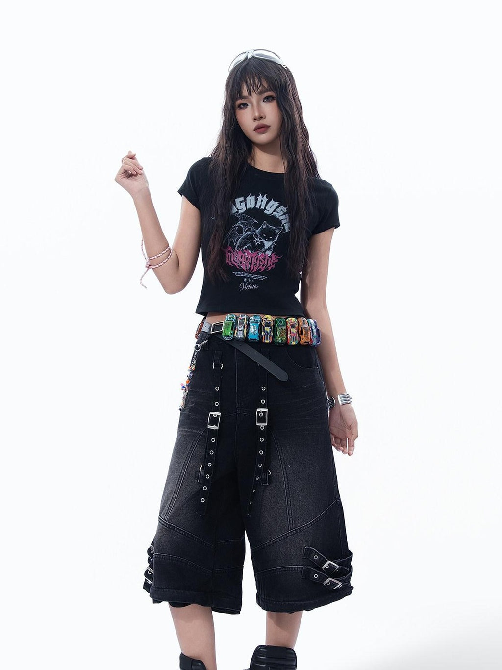 MOGONGSHE Devil Cat Graphic Subculture Set In Shoulder Slim Short Sleeve Women's Crop Tops