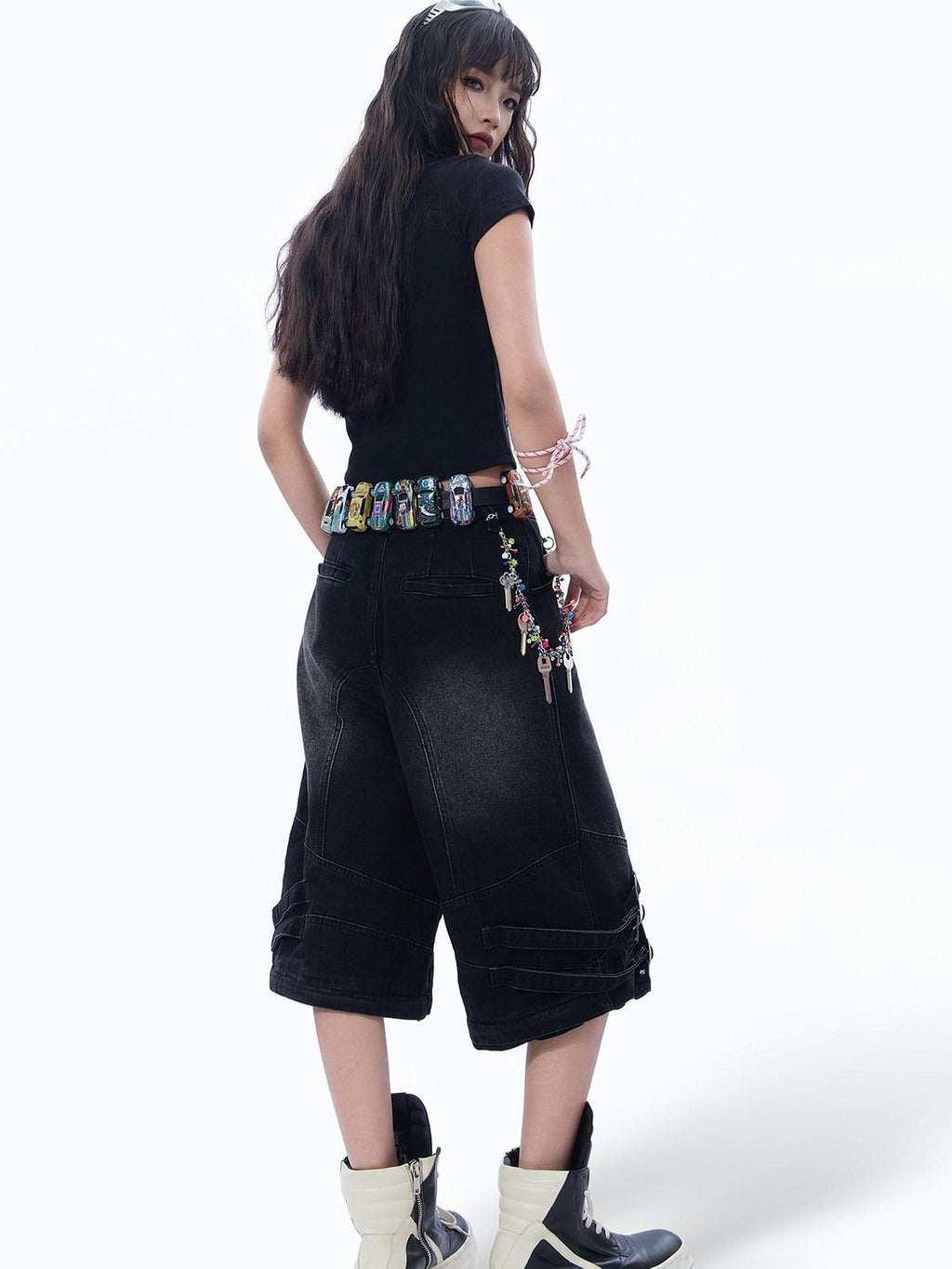 MOGONGSHE Devil Cat Graphic Subculture Set In Shoulder Slim Short Sleeve Women's Crop Tops