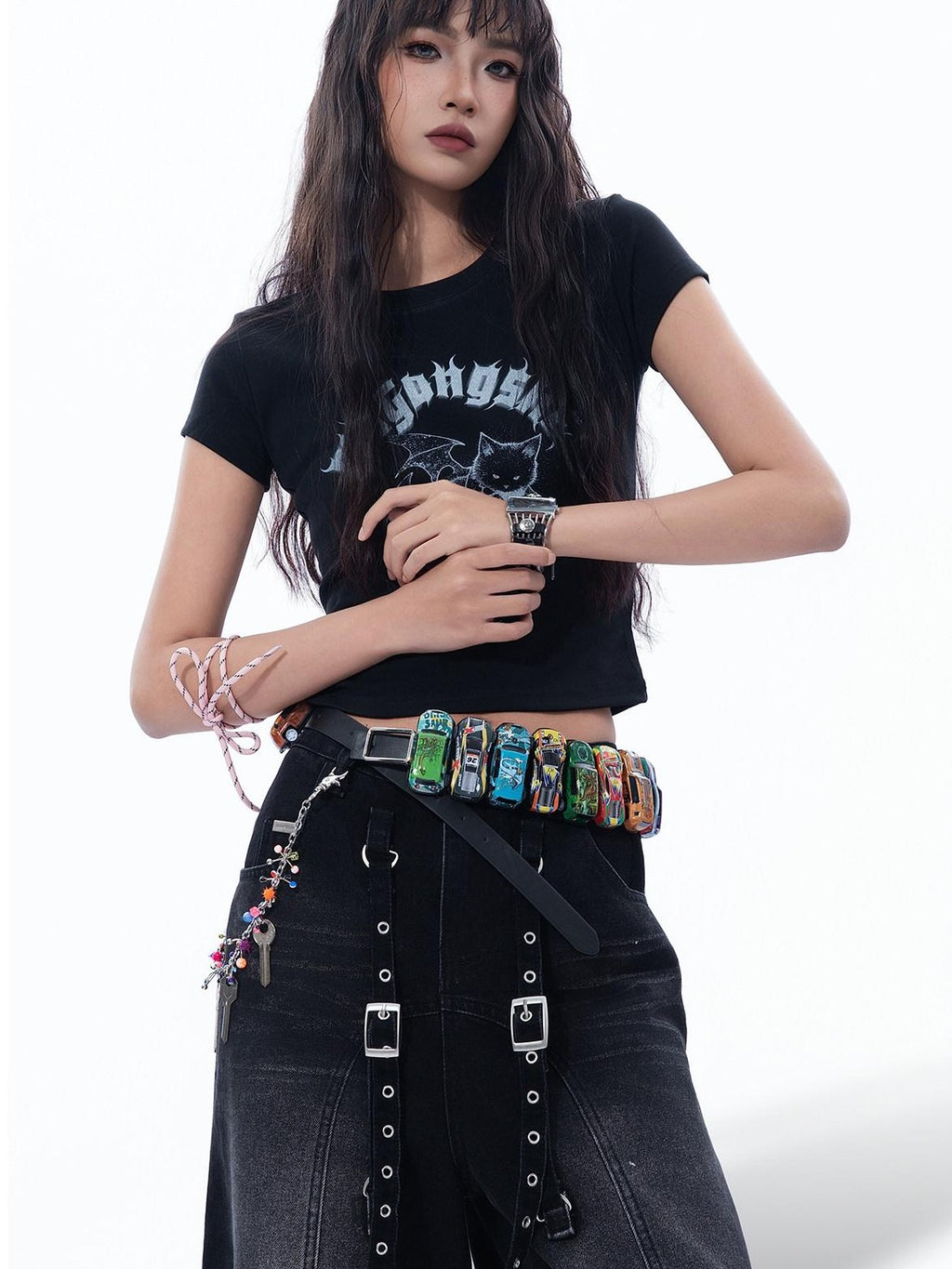 MOGONGSHE Devil Cat Graphic Subculture Set In Shoulder Slim Short Sleeve Women's Crop Tops