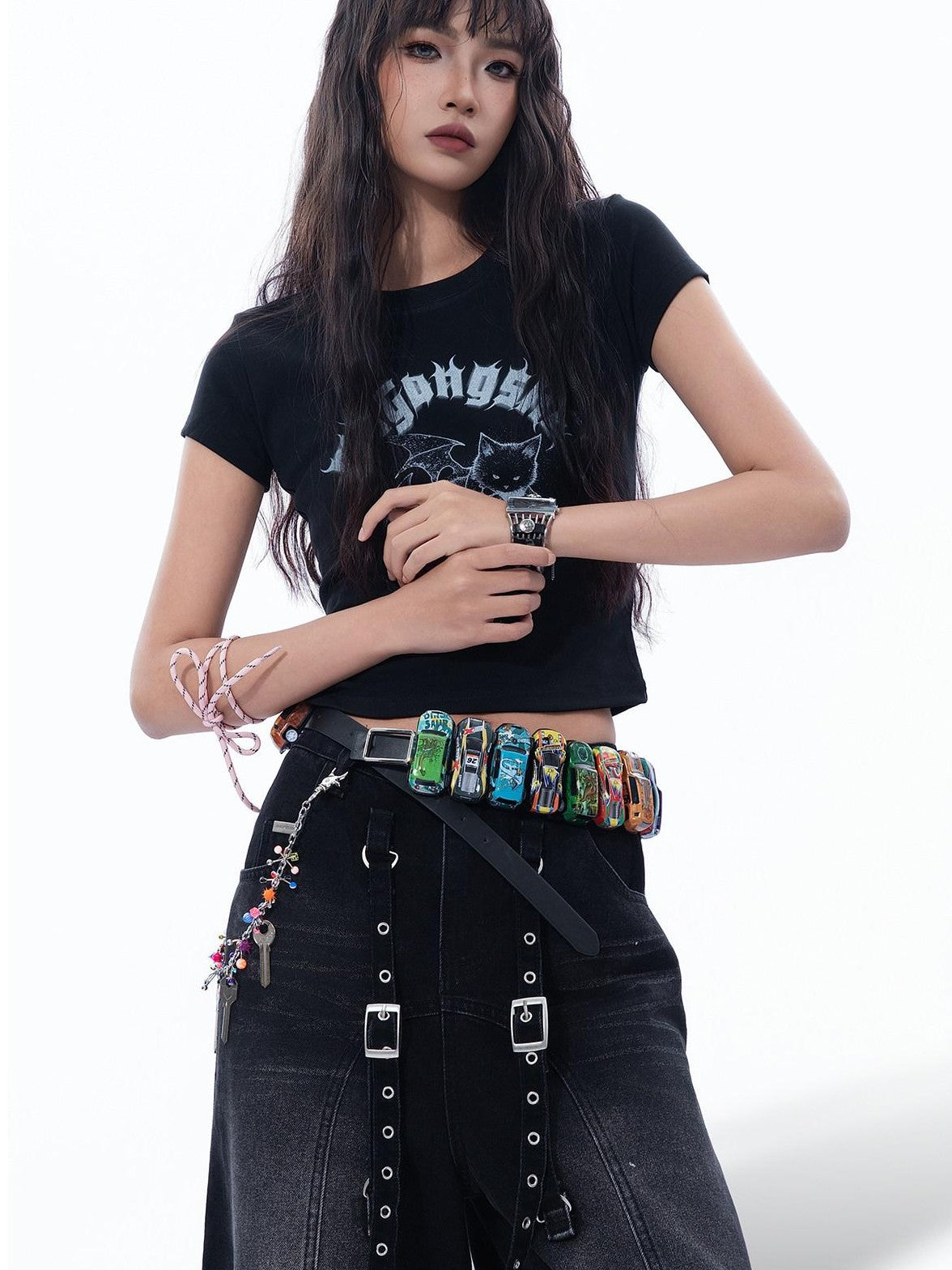 MOGONGSHE Devil Cat Graphic Subculture Set In Shoulder Slim Short Sleeve Women's Crop Tops